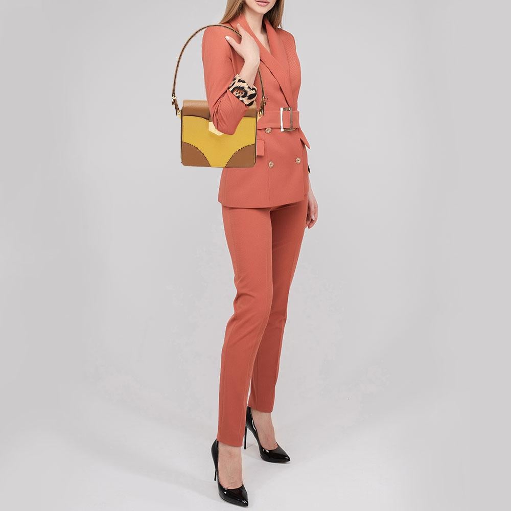 Prada Brown/Mustard Saffiano Lux Leather Turnlock Flap Top Handle Bag In Good Condition In Dubai, Al Qouz 2