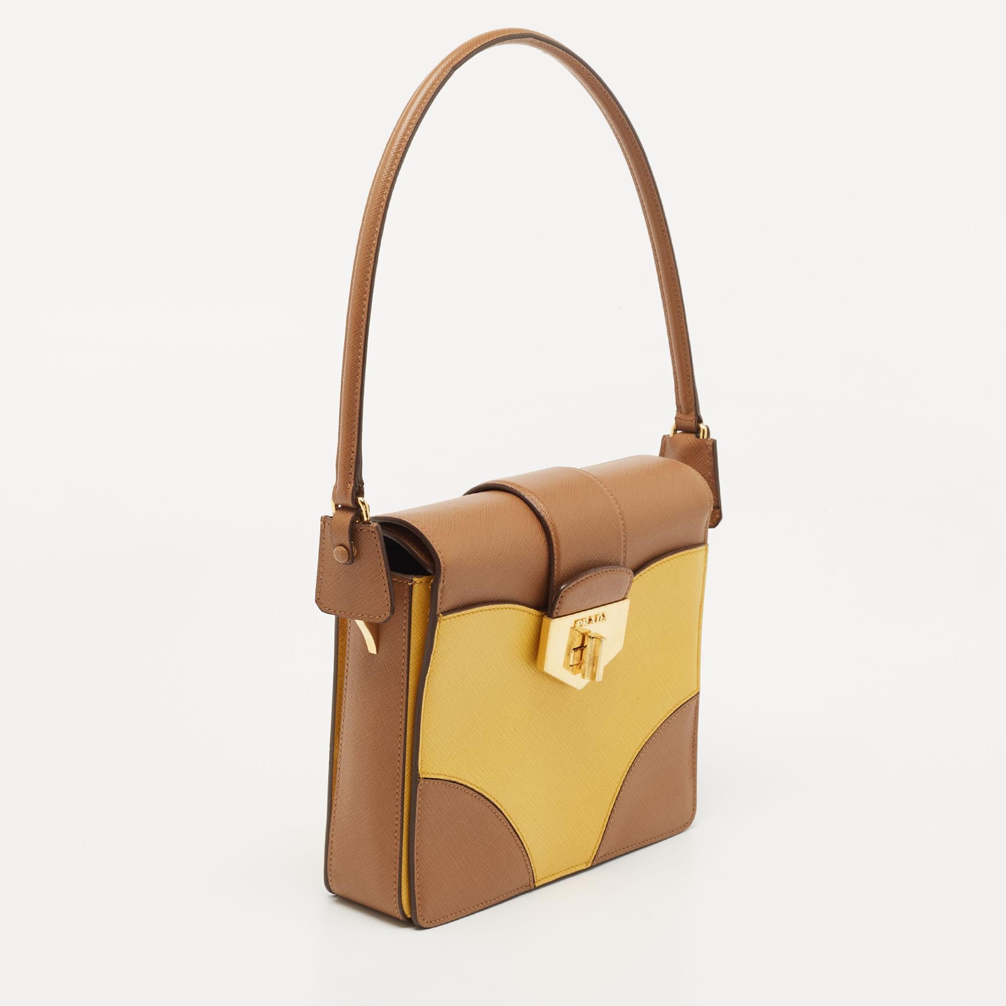 Women's Prada Brown/Mustard Saffiano Lux Leather Turnlock Flap Top Handle Bag