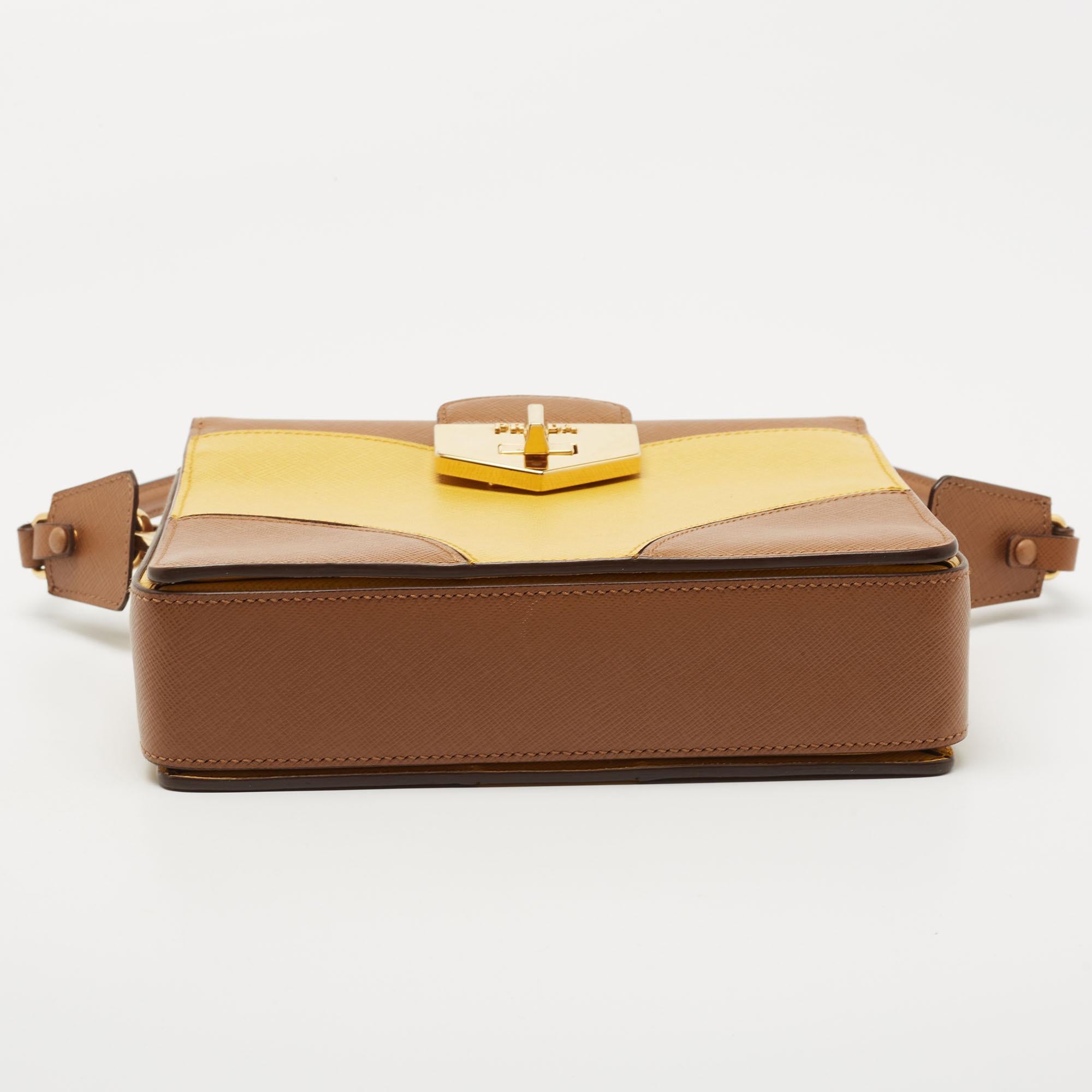 Prada Brown/Mustard Saffiano Lux Leather Turnlock Flap Top Handle Bag 1