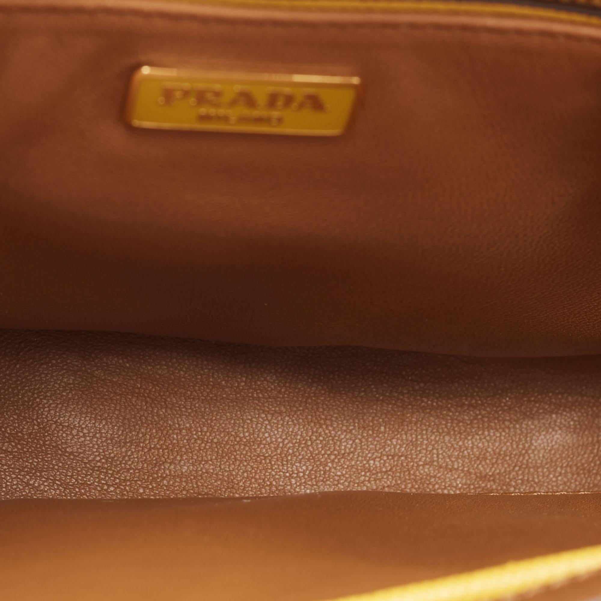 Prada Brown/Mustard Saffiano Lux Leather Turnlock Flap Top Handle Bag 3