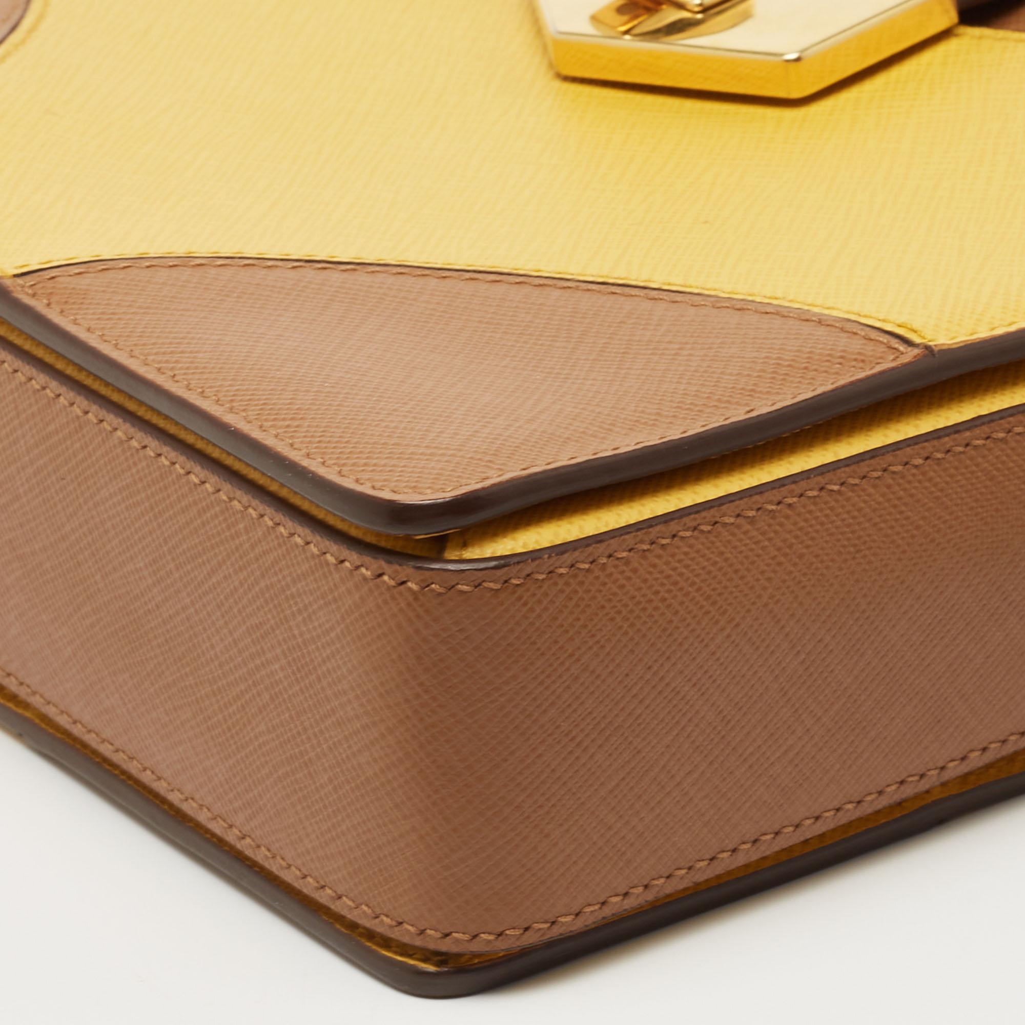 Prada Brown/Mustard Saffiano Lux Leather Turnlock Flap Top Handle Bag 4