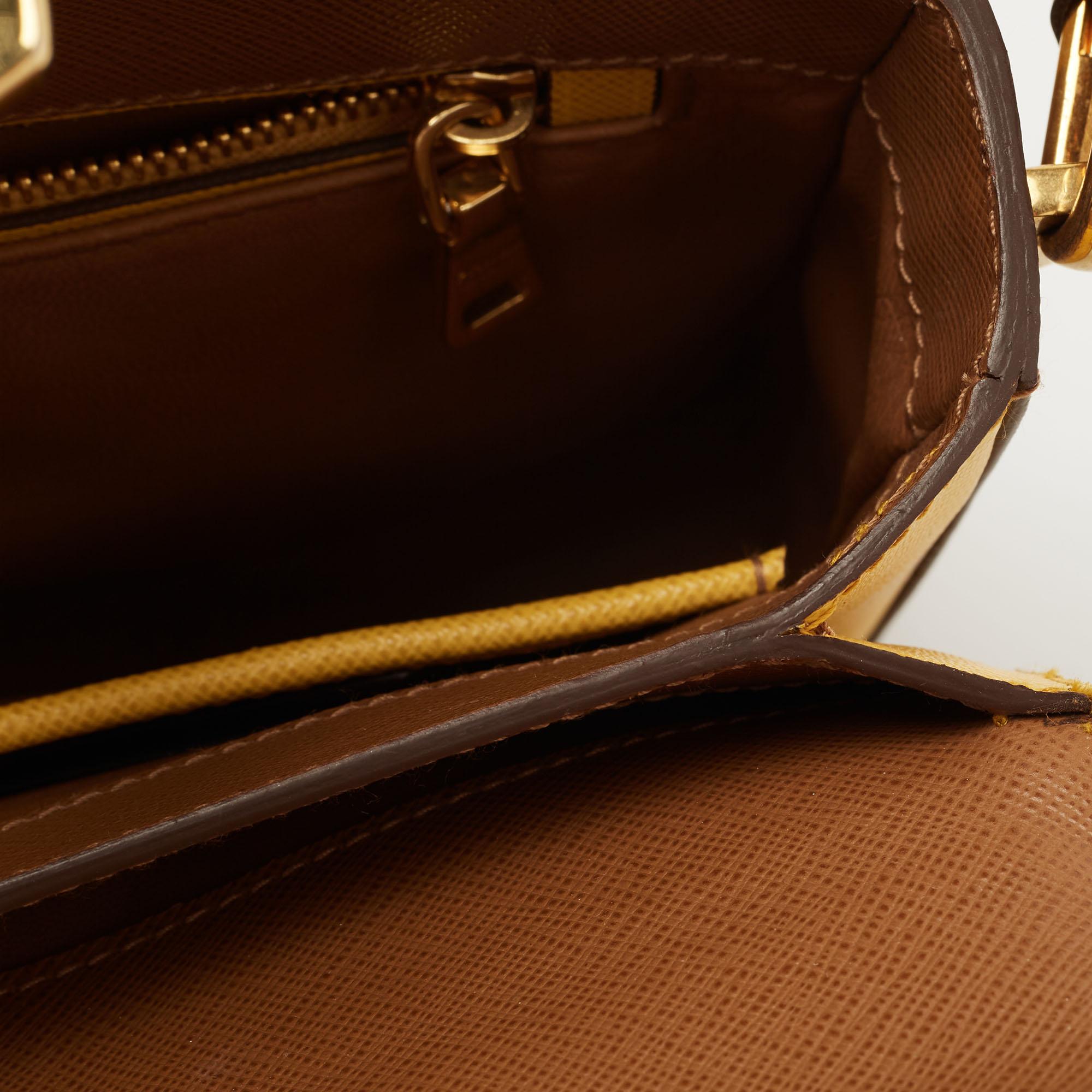 Prada Brown/Mustard Saffiano Lux Leather Turnlock Flap Top Handle Bag 5