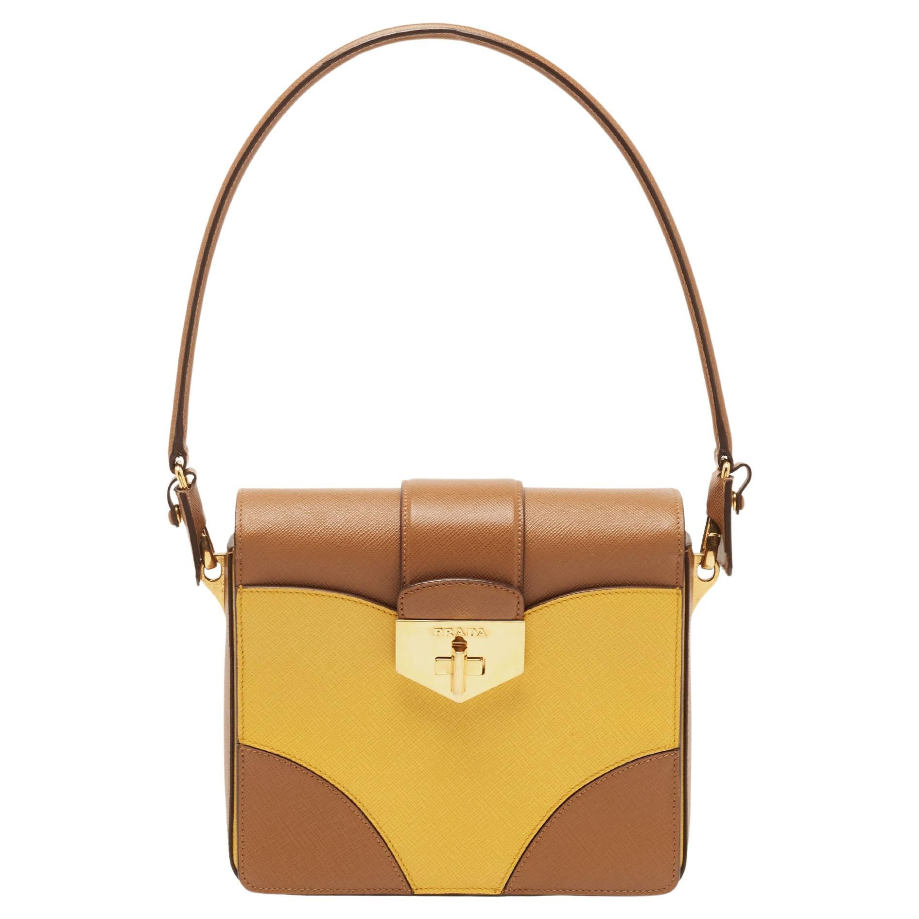 Prada Brown/Mustard Saffiano Lux Leather Turnlock Flap Top Handle Bag