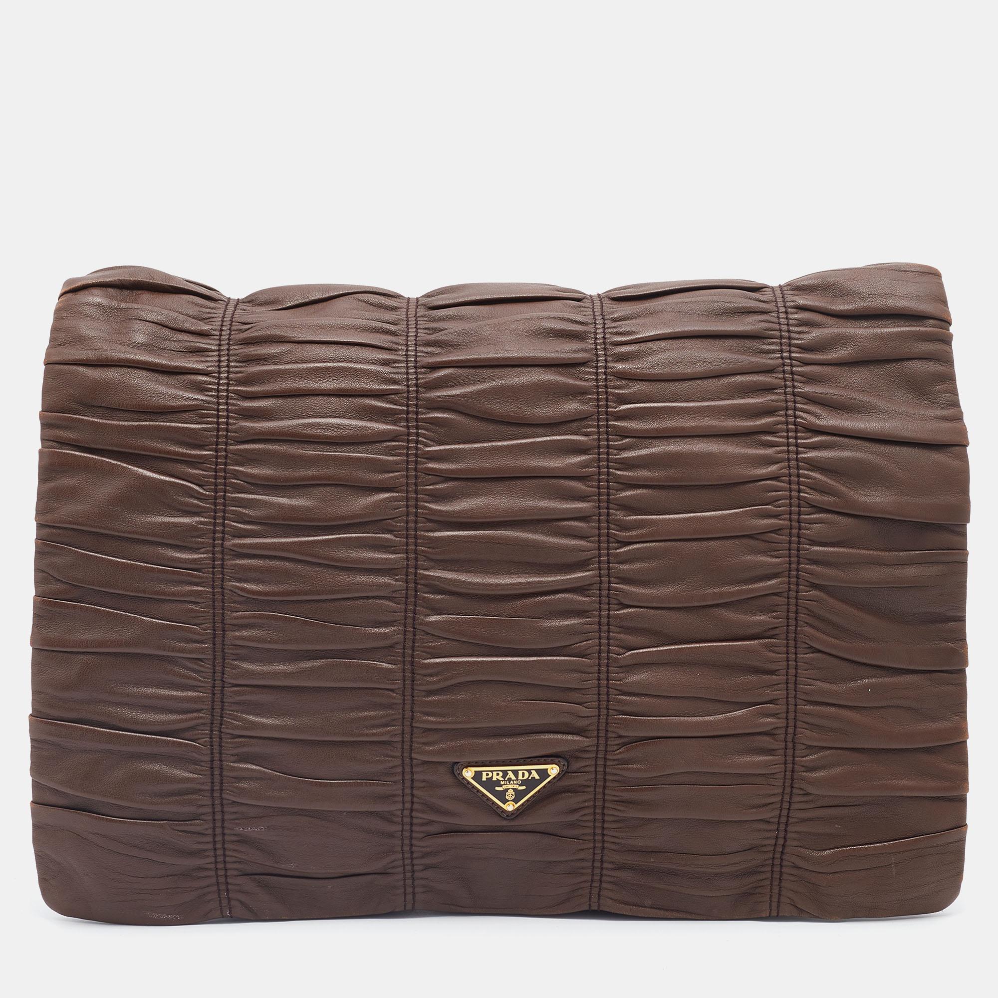 Prada Brown Nappa Gaufre Leather Clutch 5
