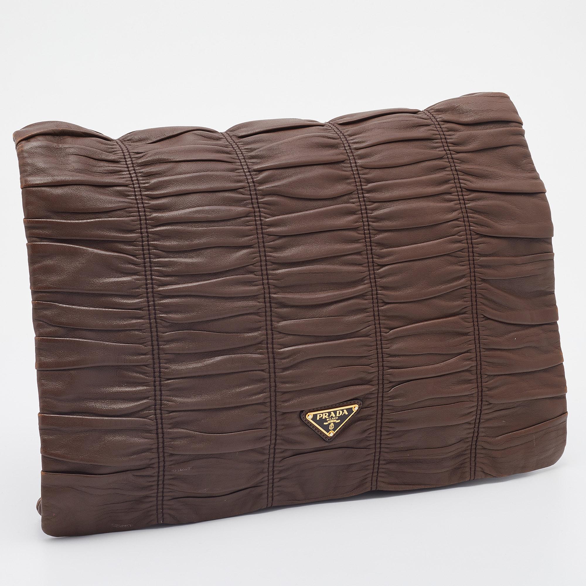Prada Brown Nappa Gaufre Leather Clutch 1