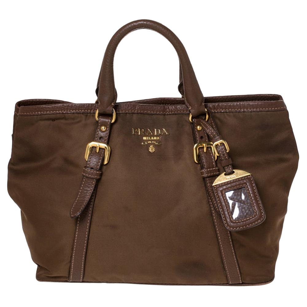 Prada Brown Nylon and Leather Buckle Tote