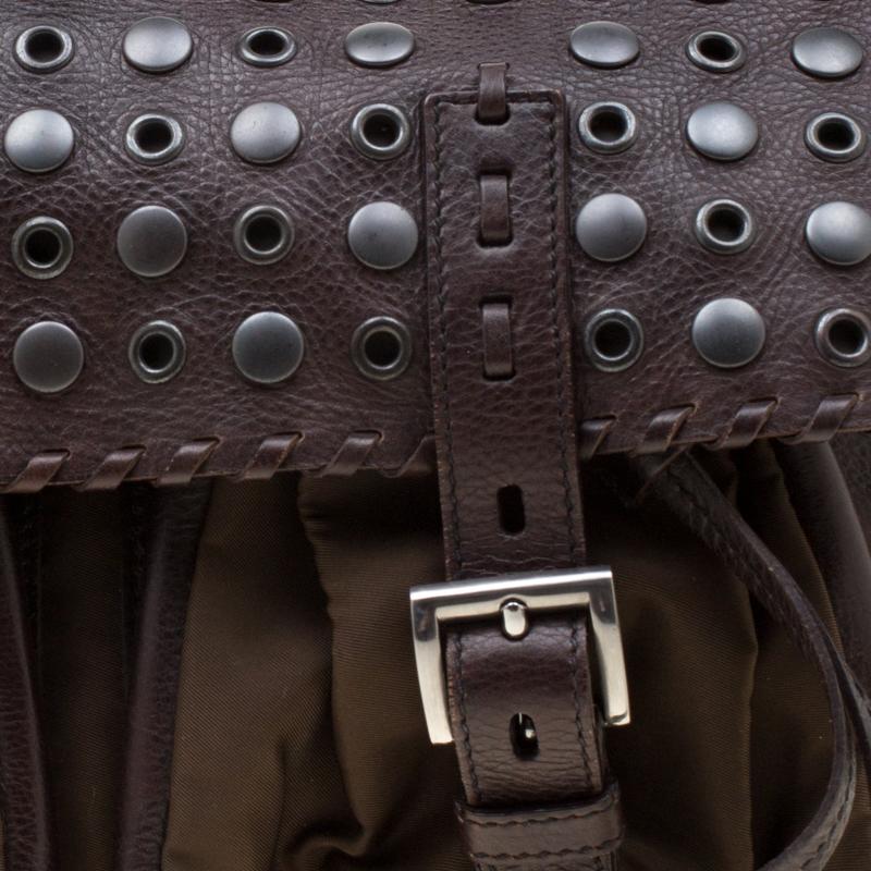 Prada Brown Nylon and Leather Studded Shoulder Bag 6