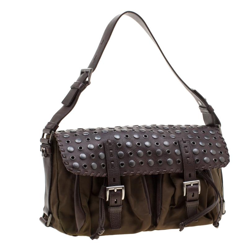 Prada Brown Nylon and Leather Studded Shoulder Bag In Fair Condition In Dubai, Al Qouz 2