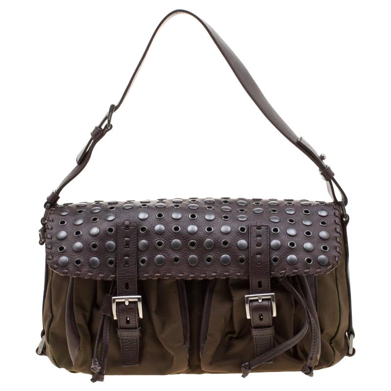Prada Brown Nylon and Leather Studded Shoulder Bag