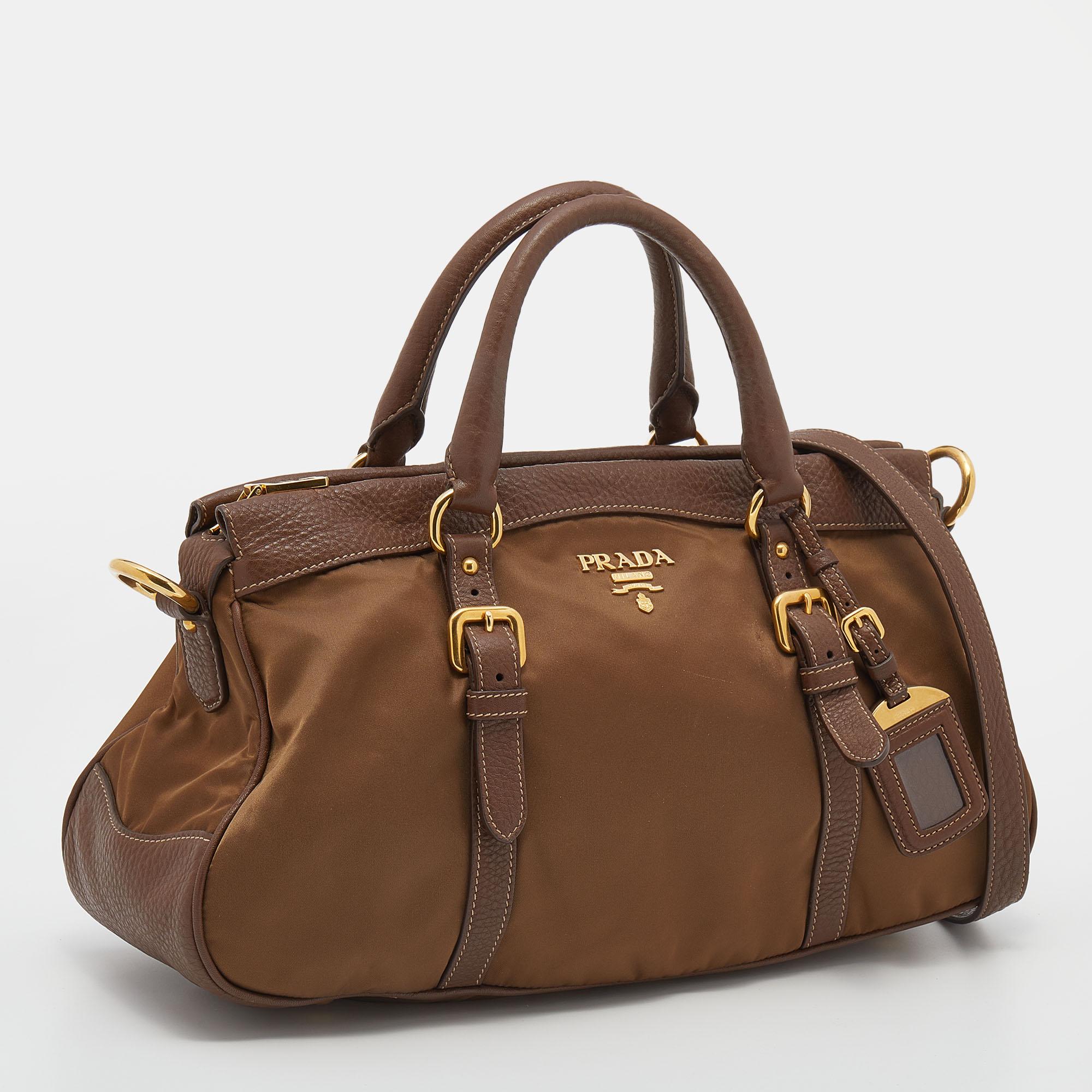 Women's Prada Brown Nylon and Leather Top Zip Satchel