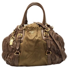 Prada Brown/Olive Green Gaufre Leather and Nylon Tote