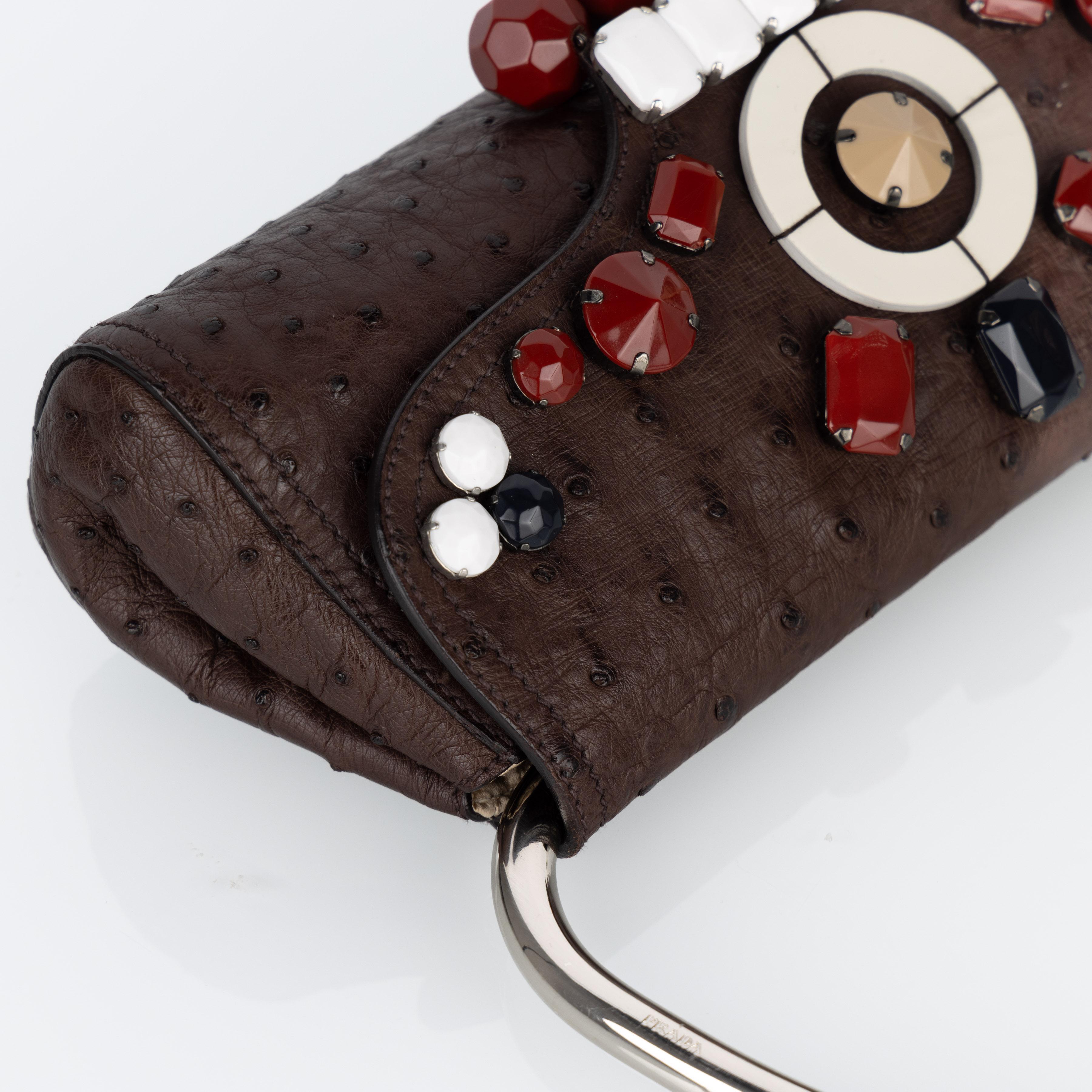 Prada Brown Ostrich Leather Jewel Embellished Swing Bag SS 2003 Archival Piece For Sale 6