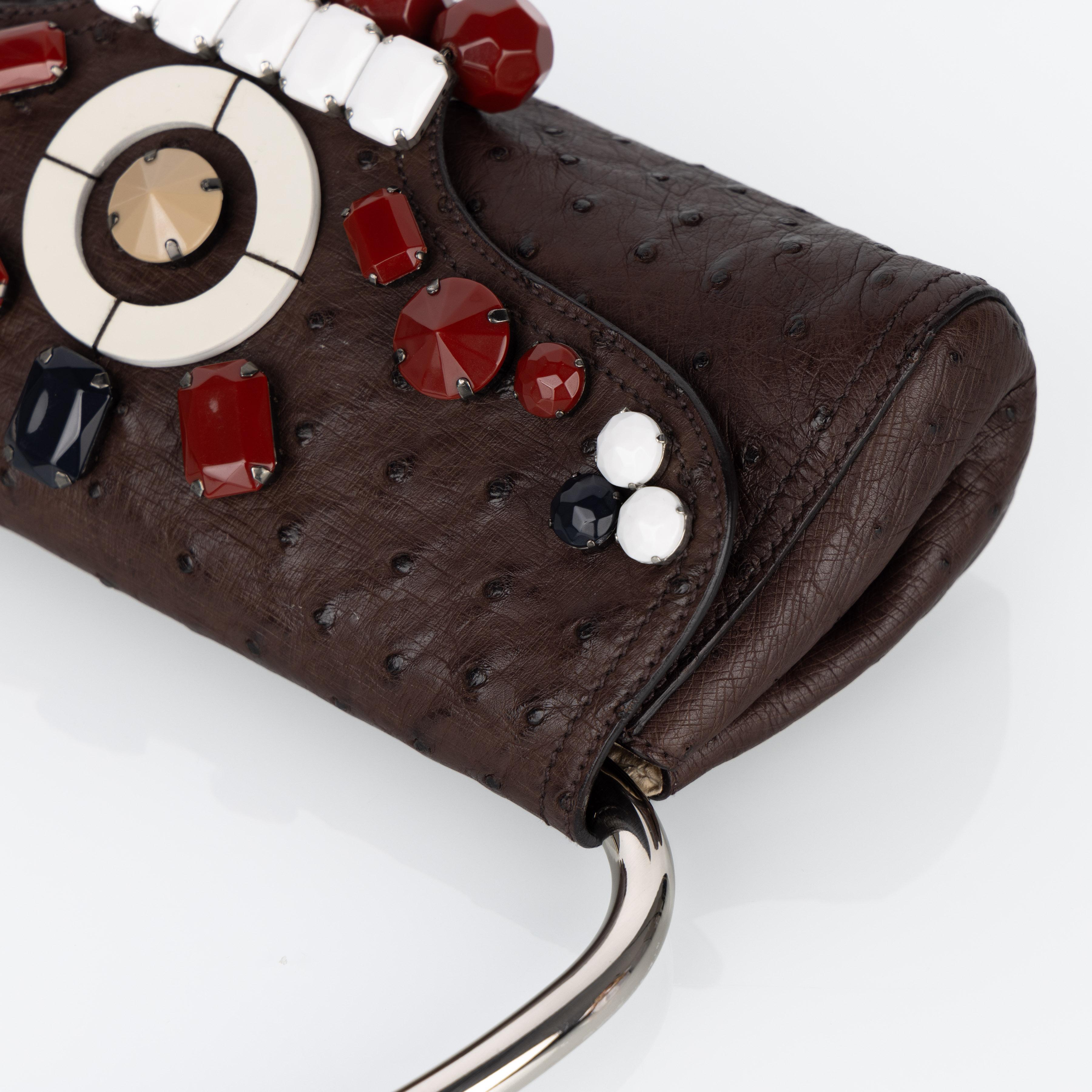 Prada Brown Ostrich Leather Jewel Embellished Swing Bag SS 2003 Archival Piece For Sale 7