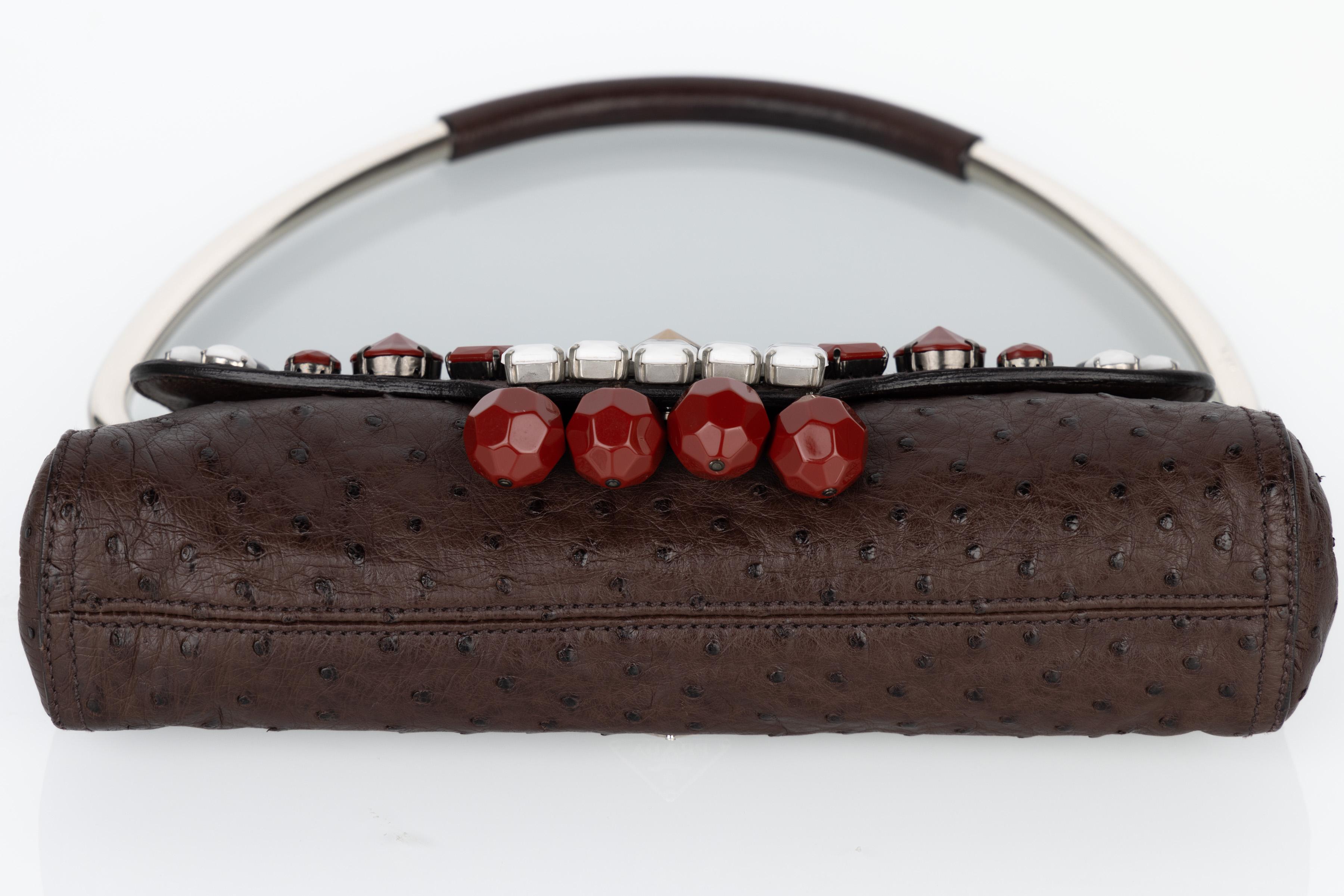 Prada Brown Ostrich Leather Jewel Embellished Swing Bag SS 2003 Archival Piece For Sale 8