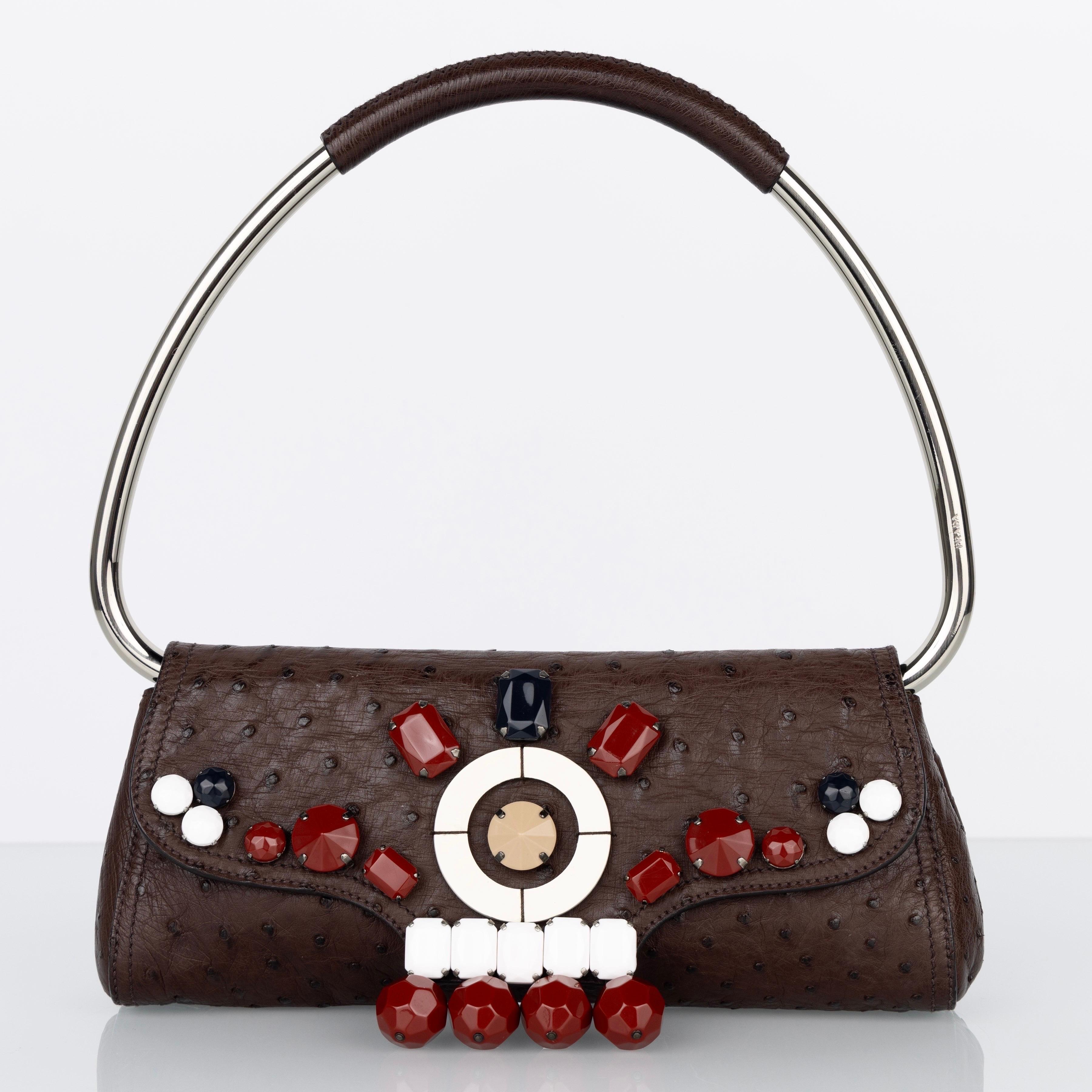 Prada Brown Ostrich Leather Jewel Embellished Swing Bag SS 2003 Archival Piece For Sale 10