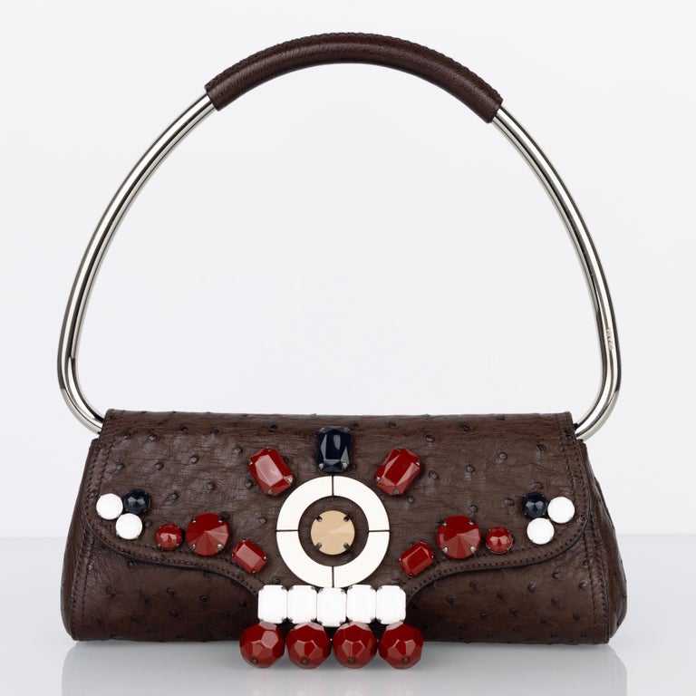 Prada Brown Straußenleder Jewel verschönert Swing Bag SS 2003