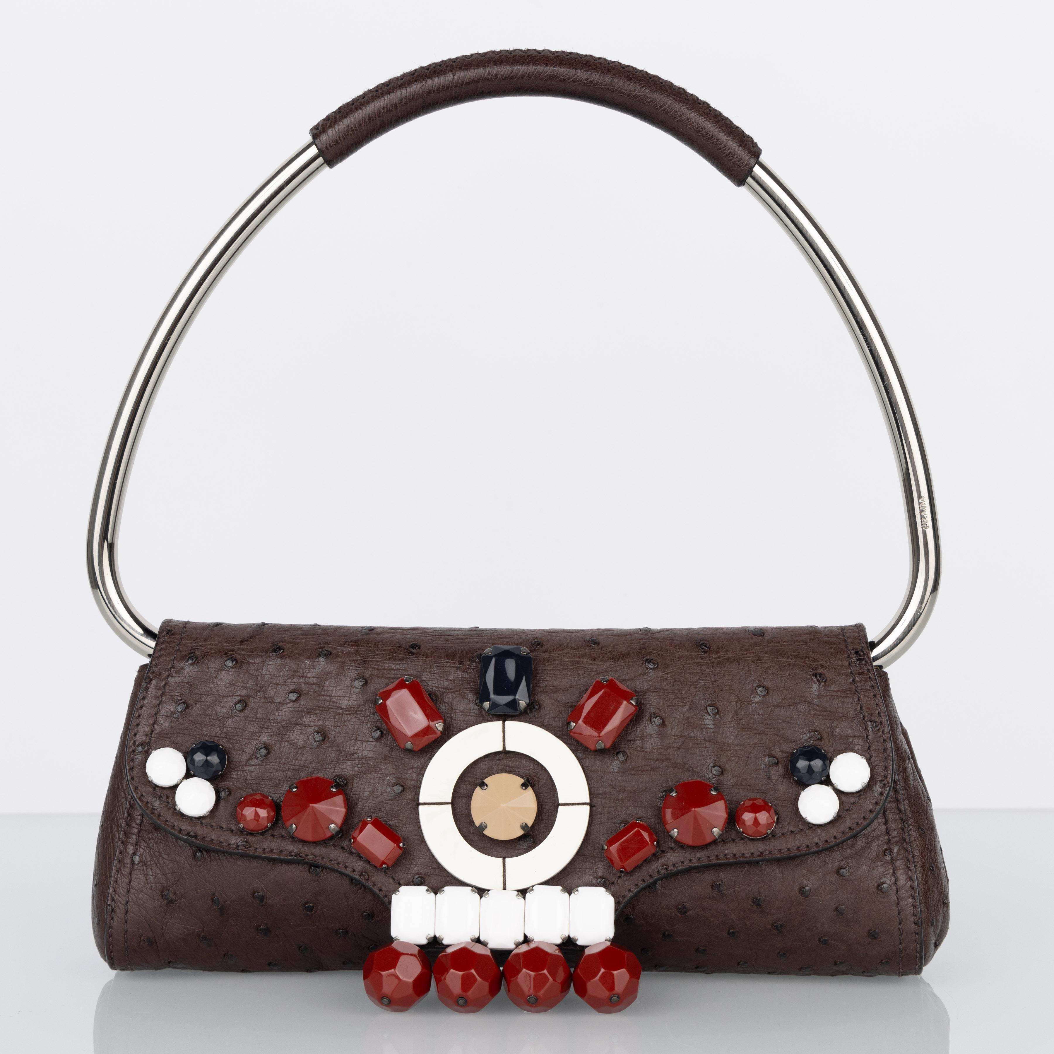 Prada Brown Ostrich Leather Jewel Embellished Swing Bag SS 2003 Archival Piece In Excellent Condition For Sale In Boca Raton, FL