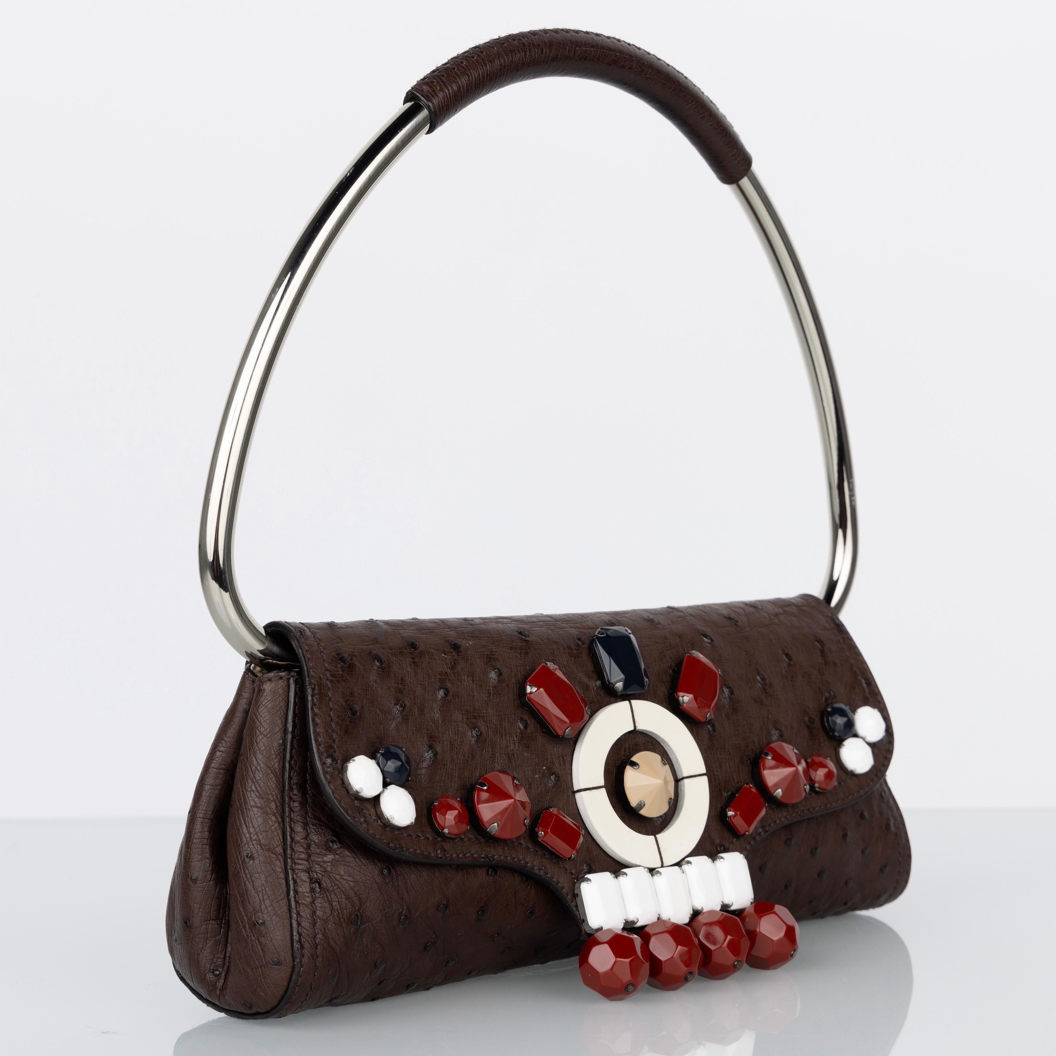 Women's Prada Brown Ostrich Leather Jewel Embellished Swing Bag SS 2003 Archival Piece For Sale
