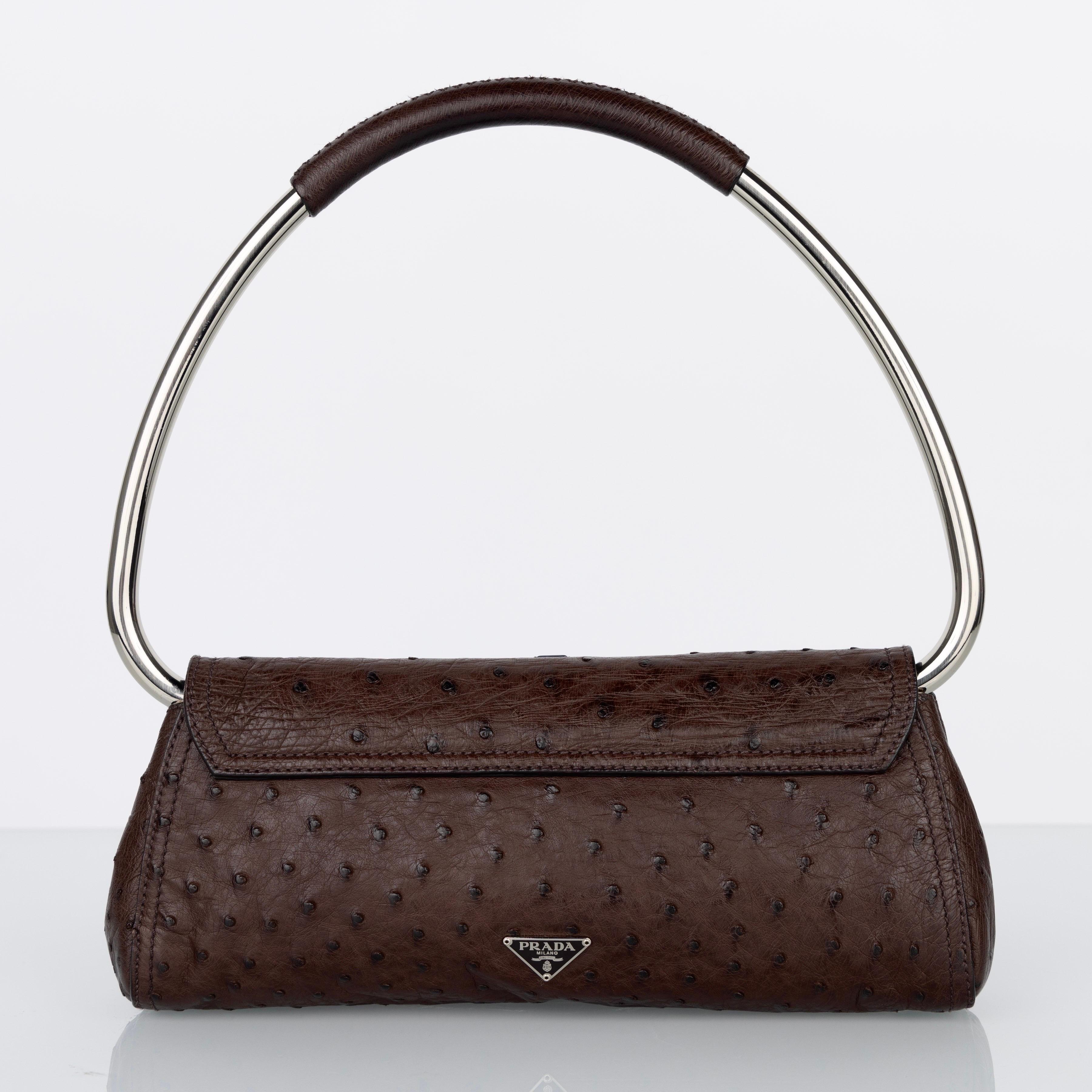 Prada Brown Ostrich Leather Jewel Embellished Swing Bag SS 2003 Archival Piece For Sale 2
