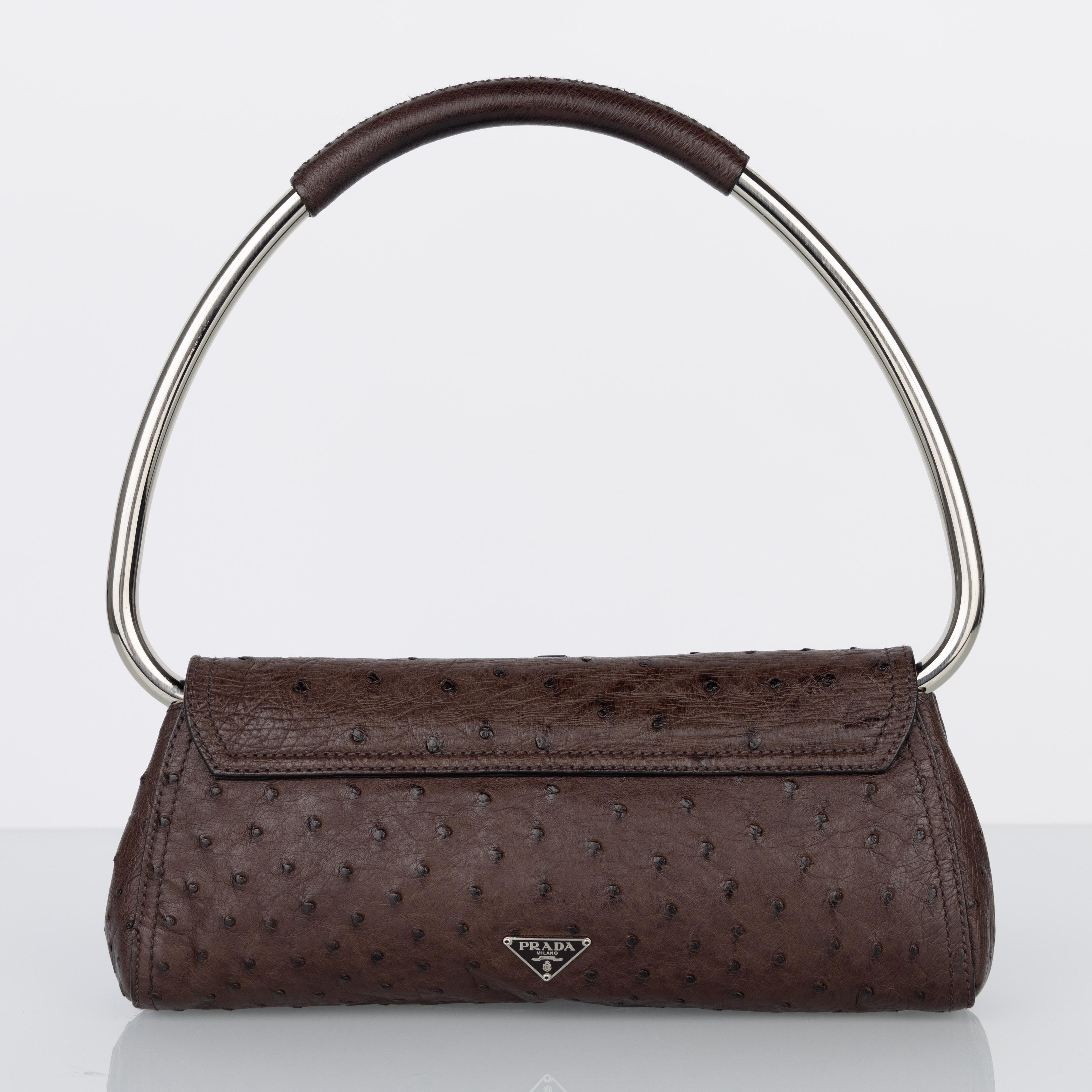 Prada Brown Ostrich Leather Jewel Embellished Swing Bag SS 2003 Archival Piece For Sale 3