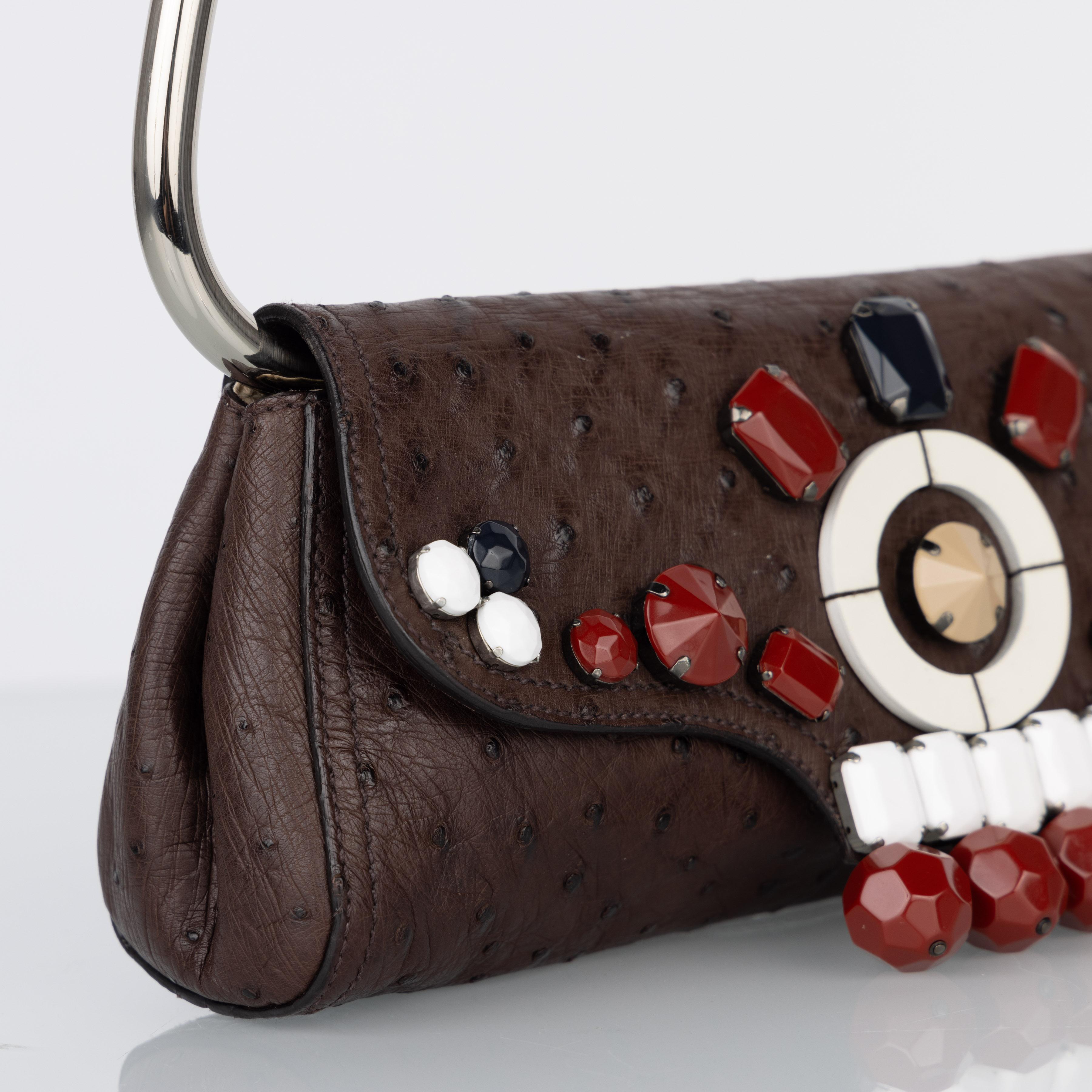 Prada Brown Ostrich Leather Jewel Embellished Swing Bag SS 2003 Archival Piece For Sale 5