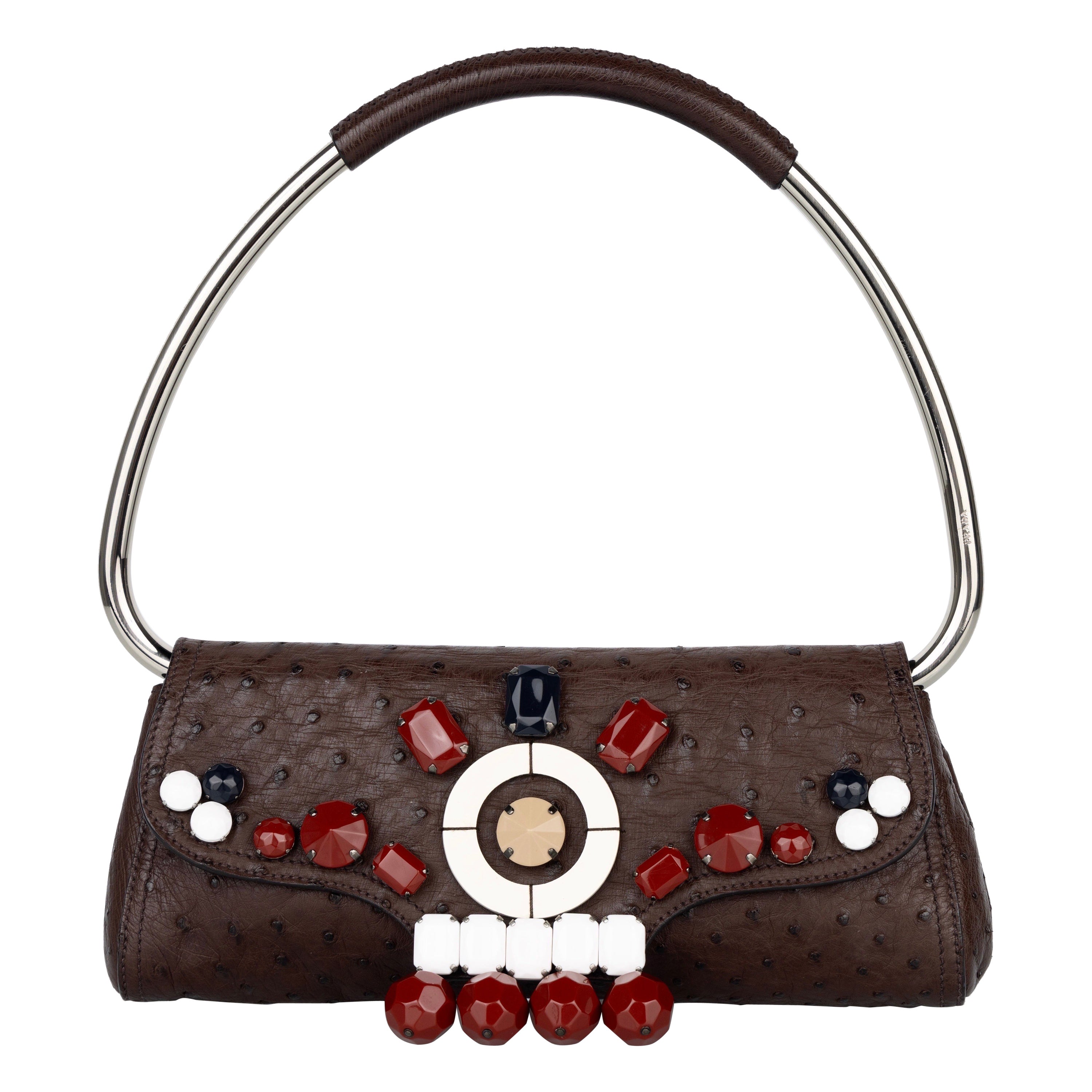 Bolso Swing Prada marrón de piel de avestruz adornado con joyas SS 2003 Pieza de archivo en venta