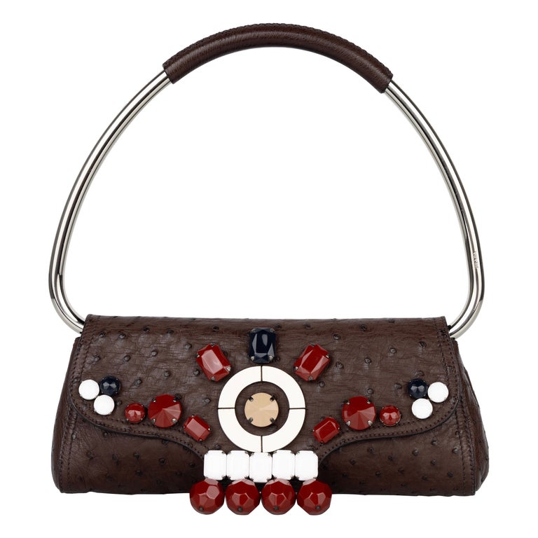 Prada Brown Ostrich Leather Jewel Embellished Swing Bag SS 2003