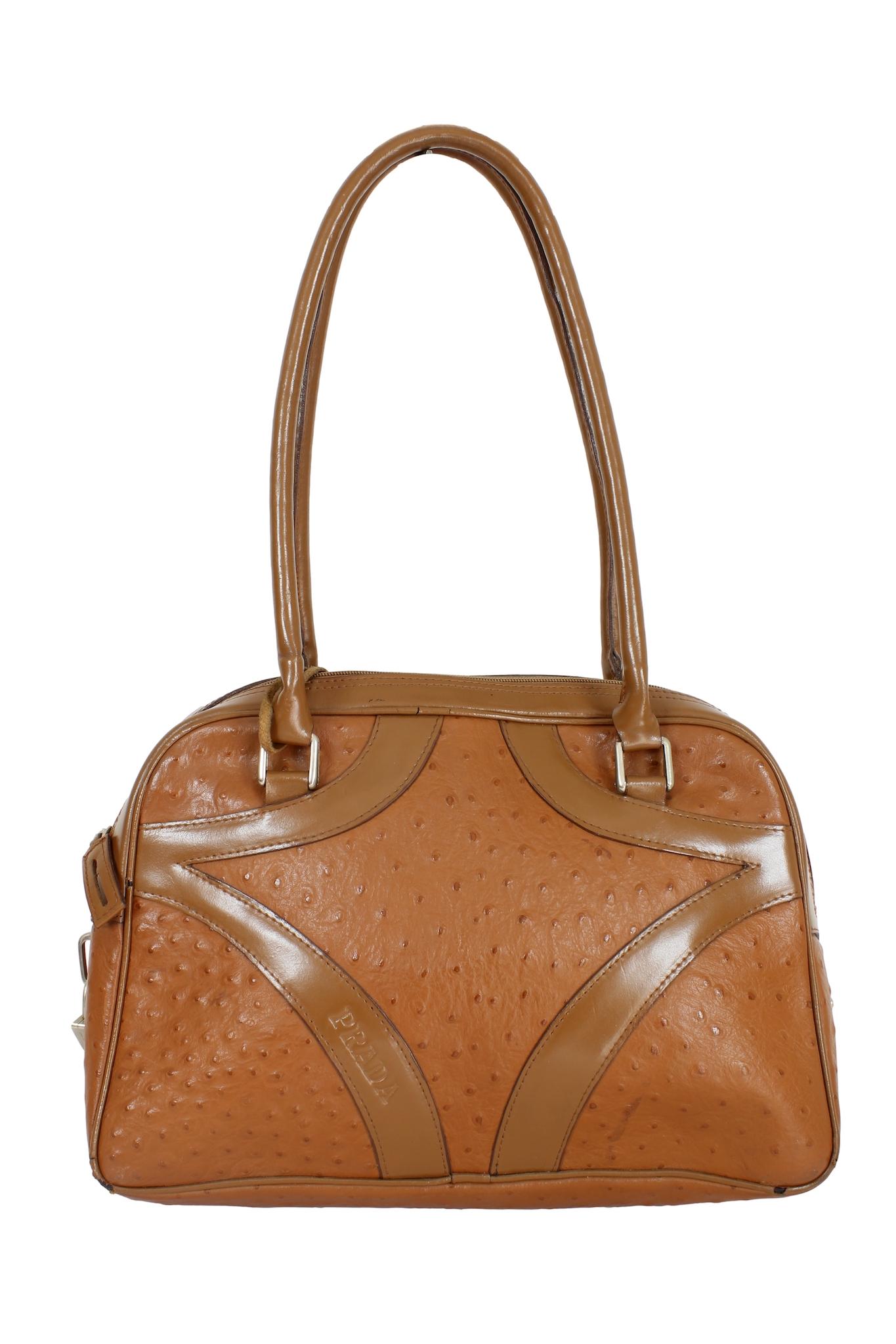 Prada Brown Ostrich Leather Vintage Plain Bag 1990s In Good Condition For Sale In Brindisi, Bt
