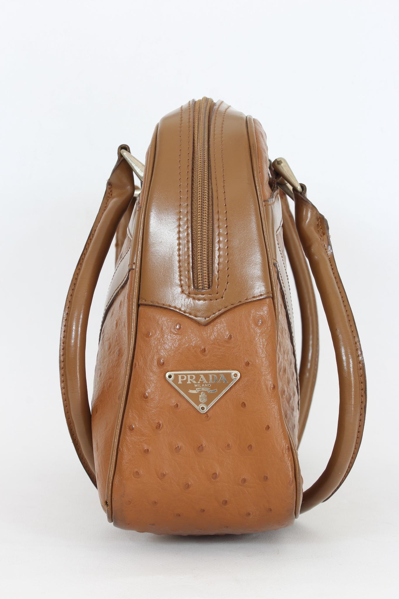 Prada Brown Ostrich Leather Vintage Plain Bag 1990s For Sale 2