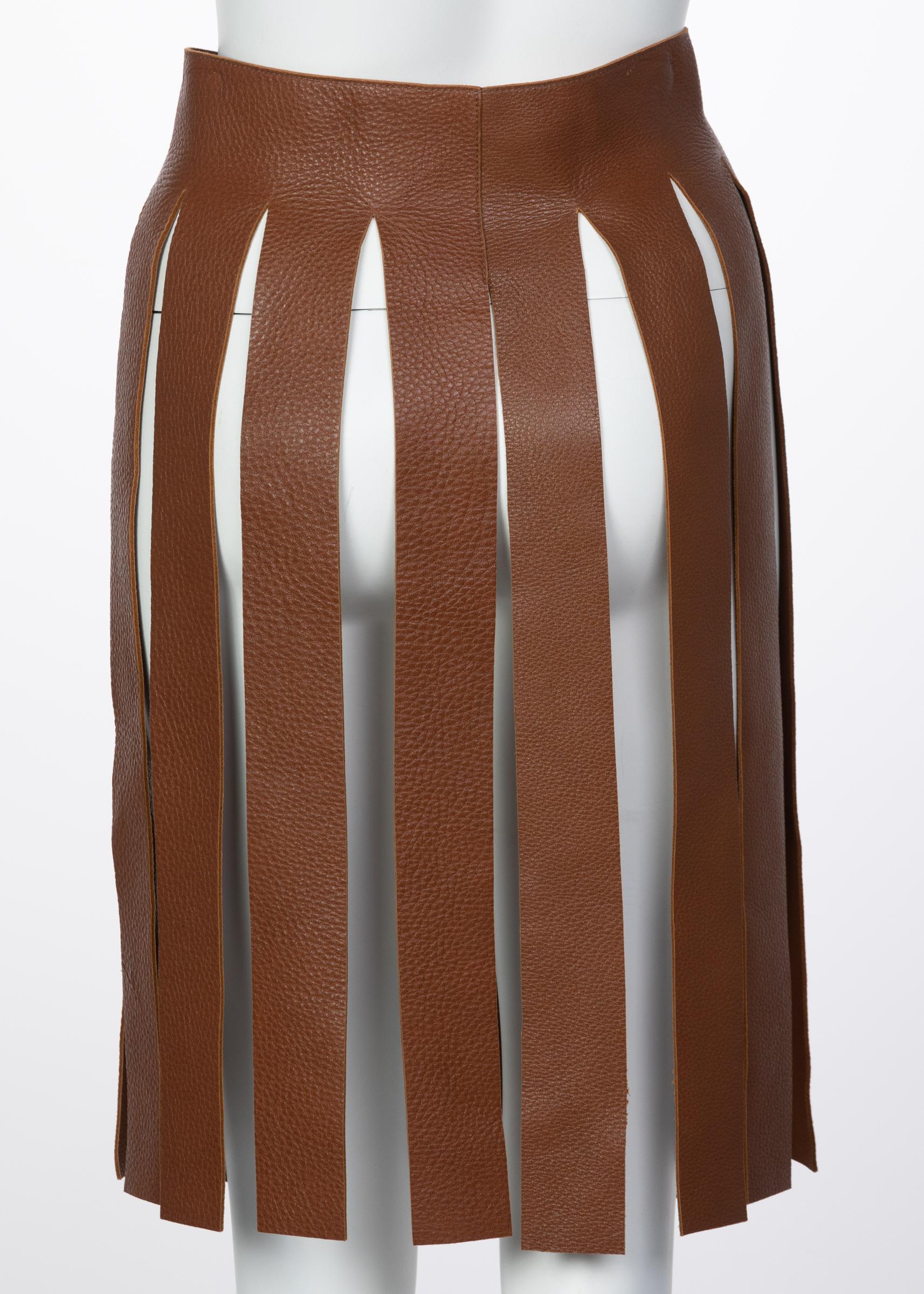 Prada Brown Pebbled Leather Fringe Waist Belt / Skirt Overlay  In Excellent Condition In Boca Raton, FL