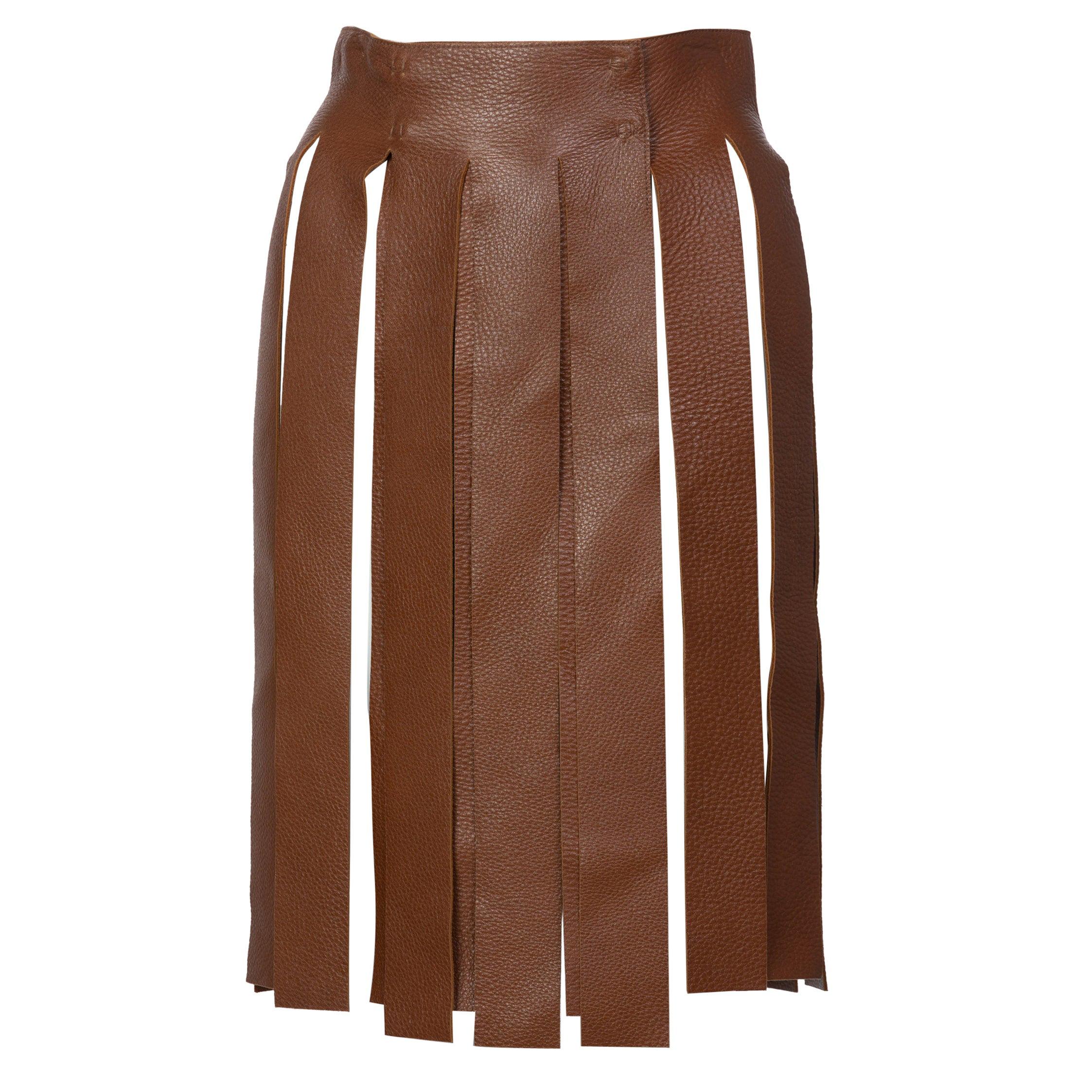 Prada Brown Pebbled Leather Fringe Waist Belt / Skirt Overlay 