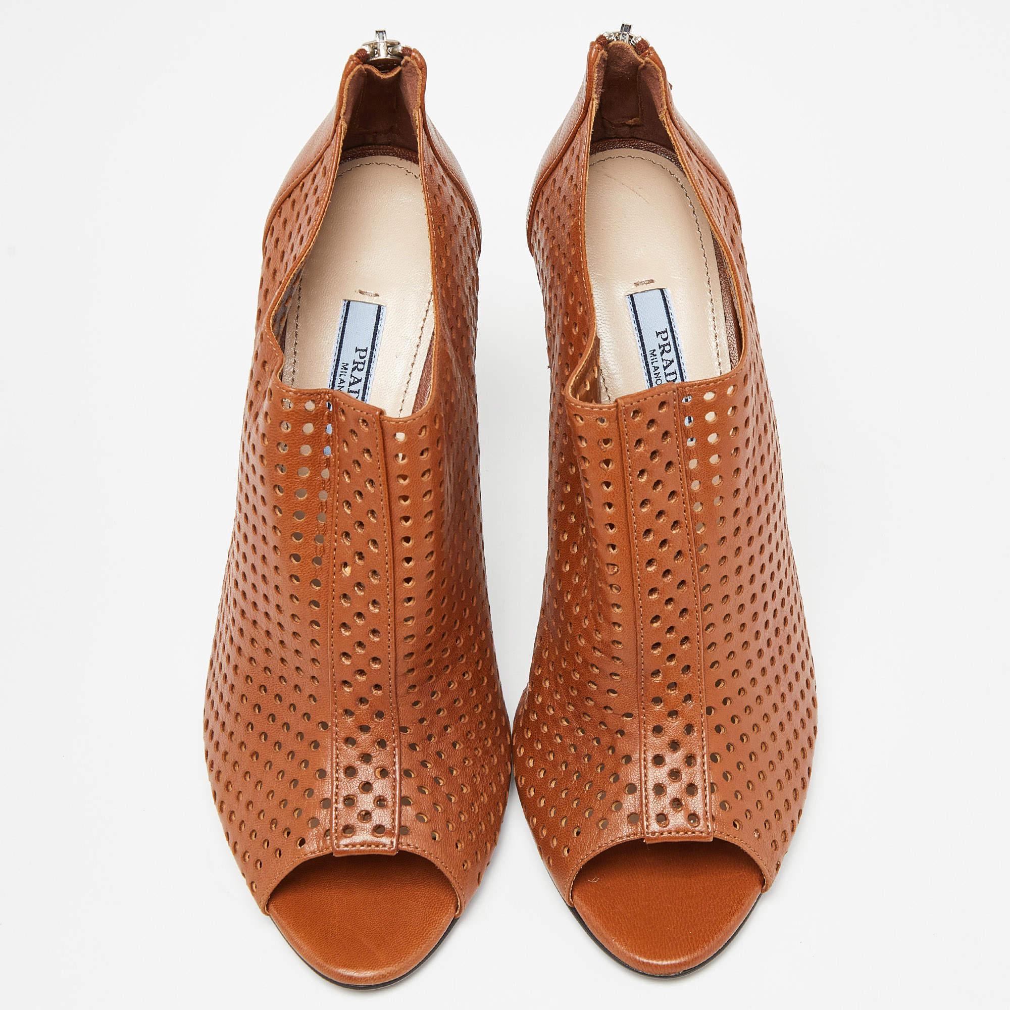 Prada Brown Perforated Leather Peep Toe Ankle Booties Size 39 In New Condition In Dubai, Al Qouz 2