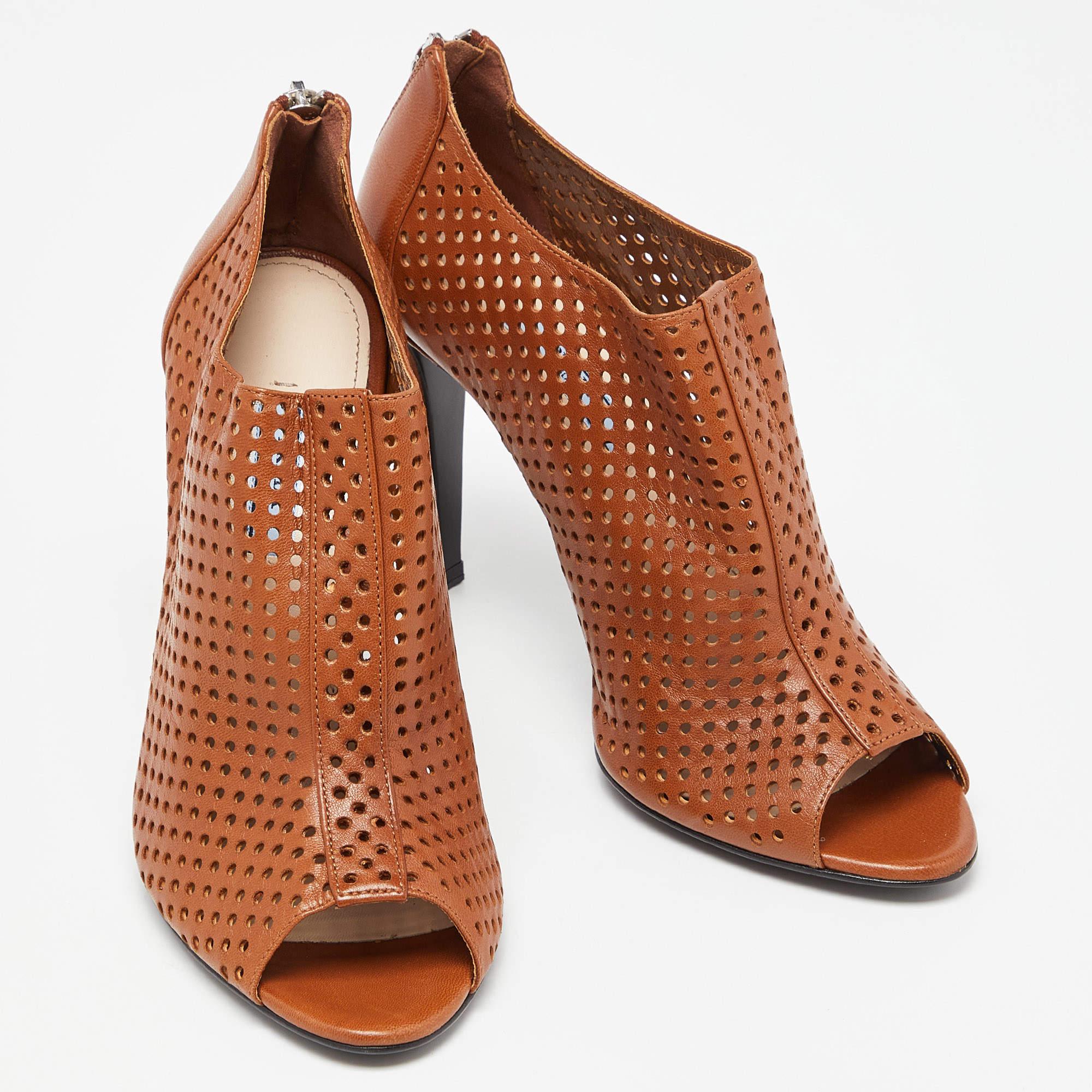 Women's Prada Brown Perforated Leather Peep Toe Ankle Booties Size 39