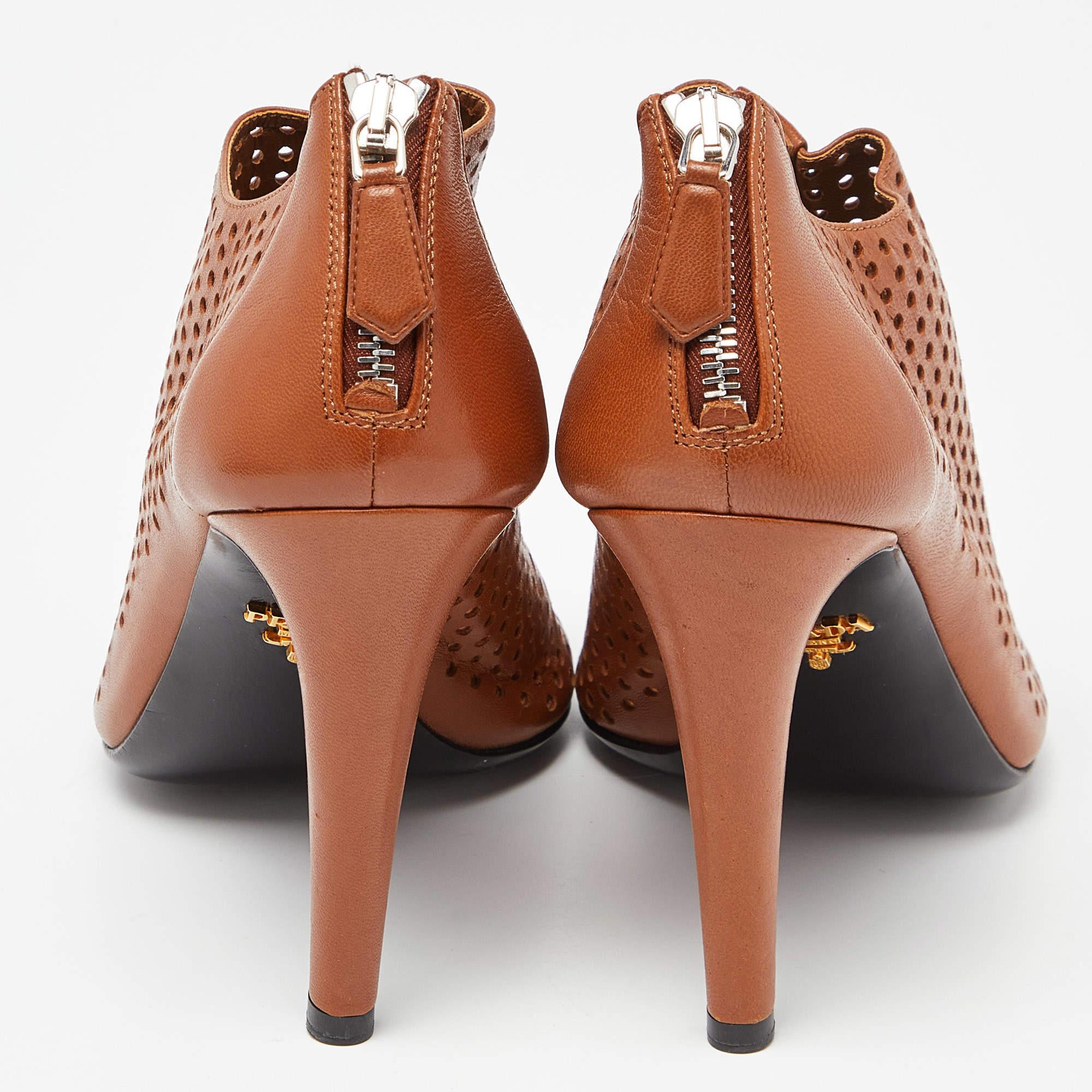 Prada Brown Perforated Leather Peep Toe Ankle Booties Size 39 1