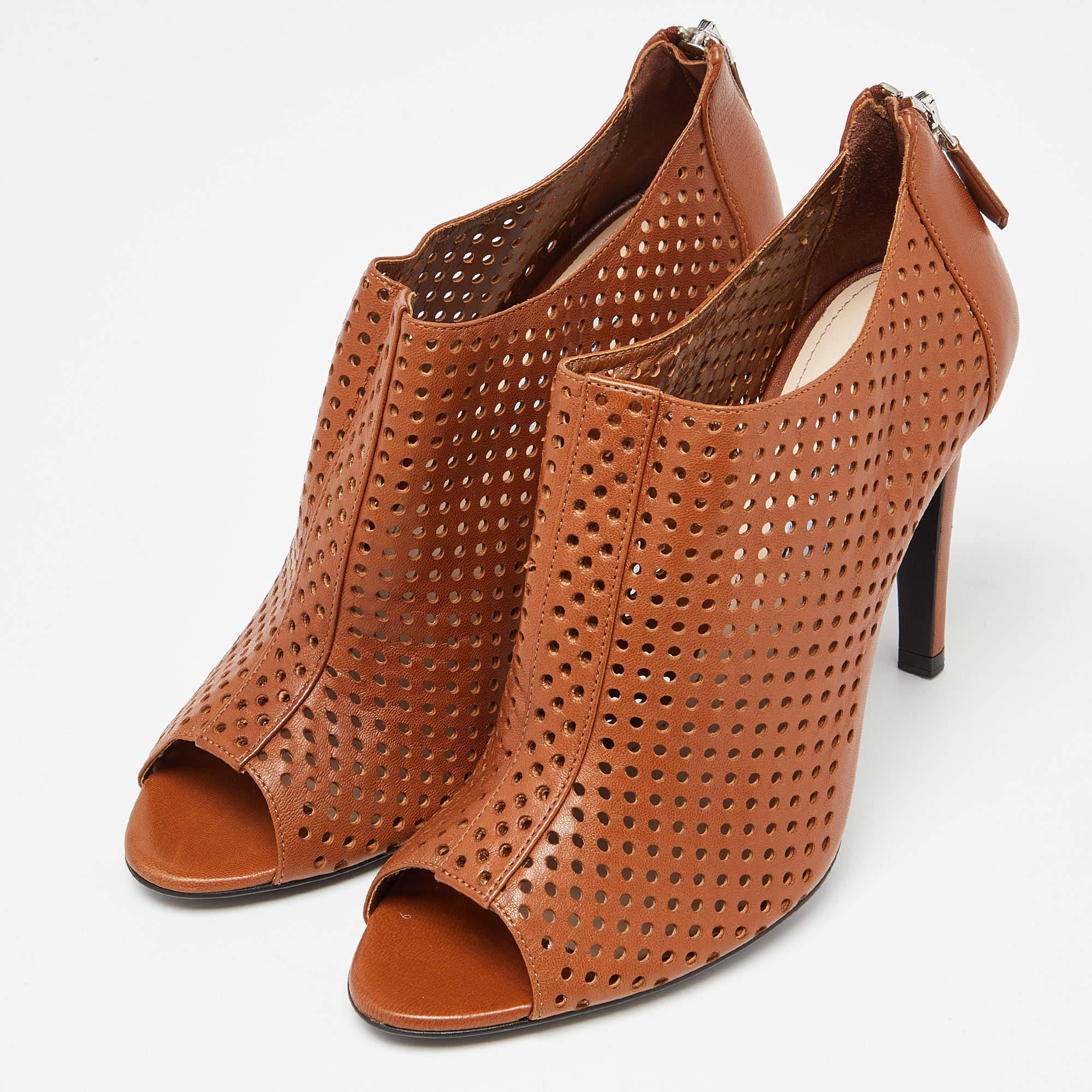Prada Brown Perforated Leather Peep Toe Ankle Booties Size 39 4