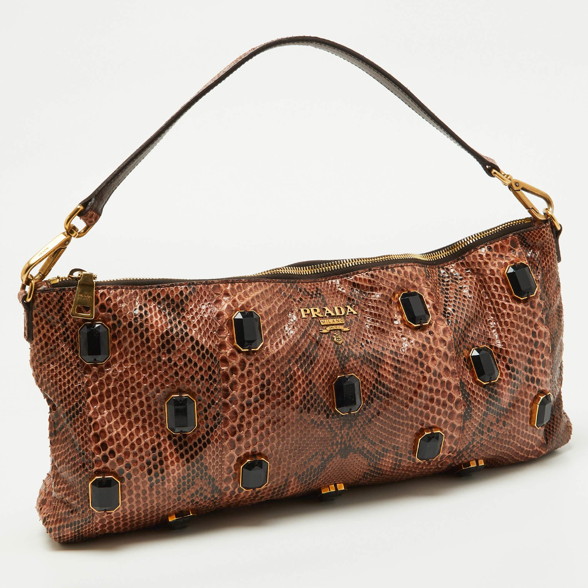 Prada Brown Python Jewel Embellished Shoulder Bag 5
