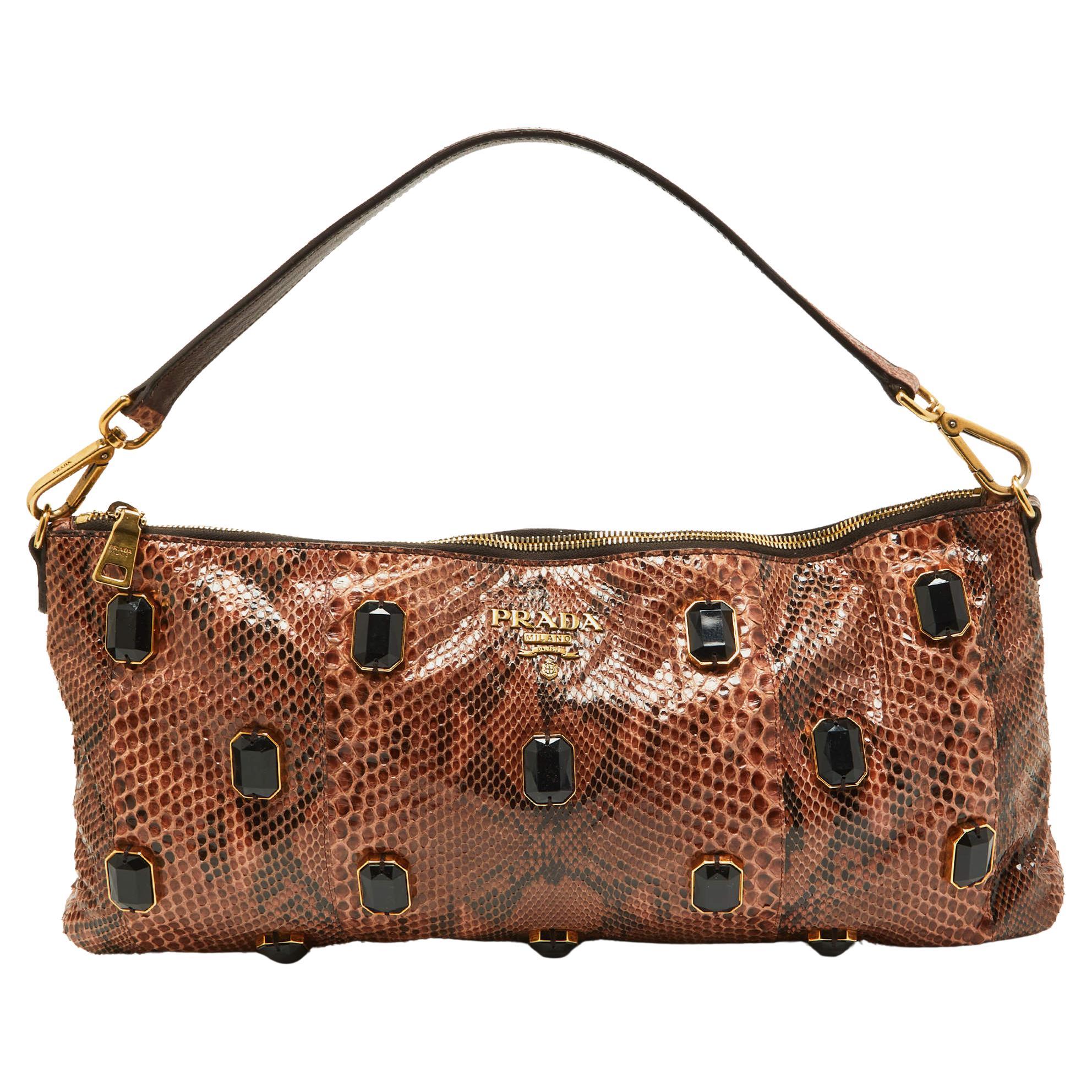 Prada Brown Python Jewel Embellished Shoulder Bag For Sale