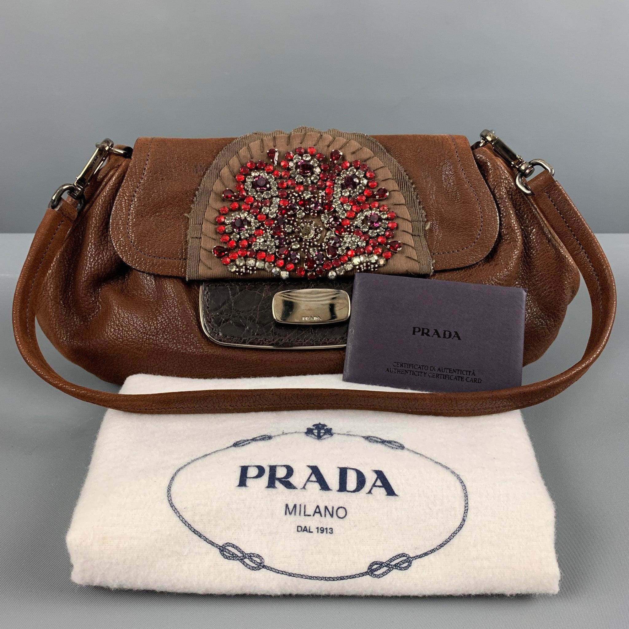 PRADA Brown Red Leather Rhinestones Handbag 6