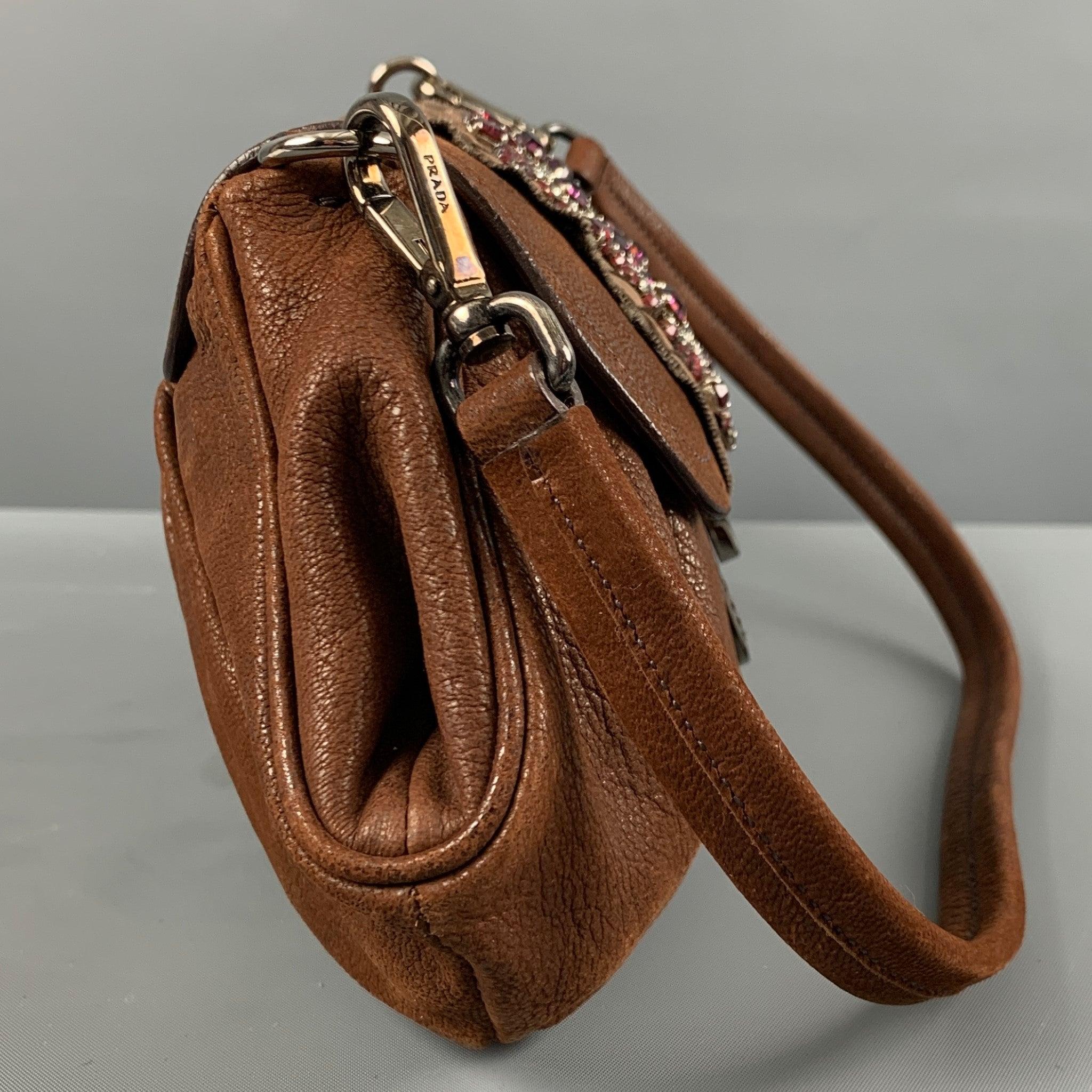 Men's PRADA Brown Red Leather Rhinestones Handbag