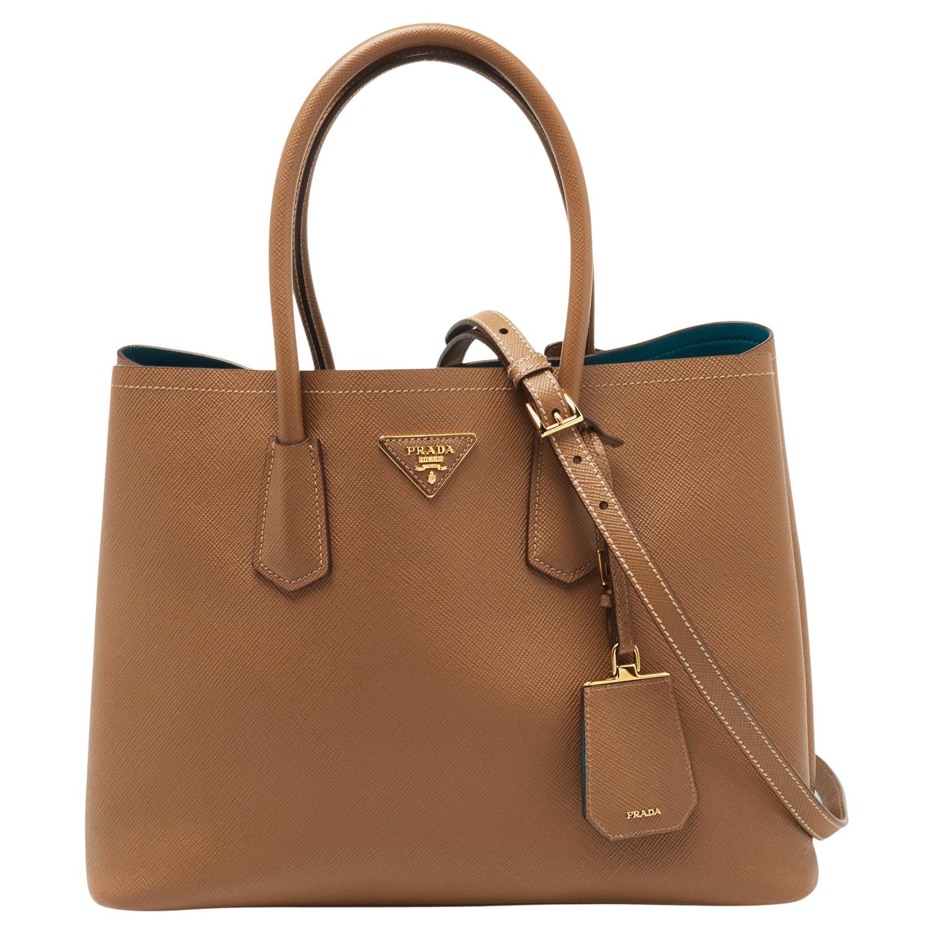 Prada Brown Saffiano Cuir Leather Large Double Handle Tote For Sale at  1stDibs