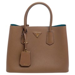 Prada Brown Saffiano Cuir Leather Medium Double Tote