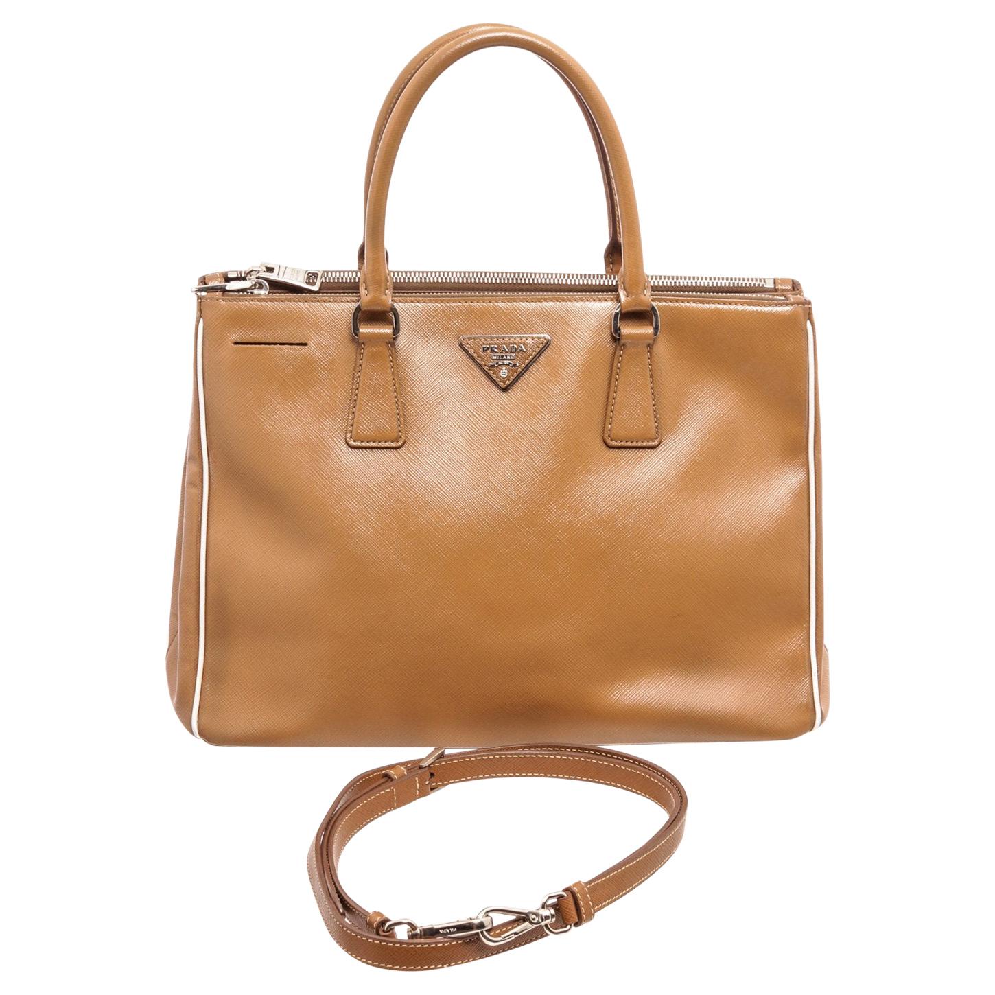 Prada Brown Saffiano Leather Double Zip Tote Bag