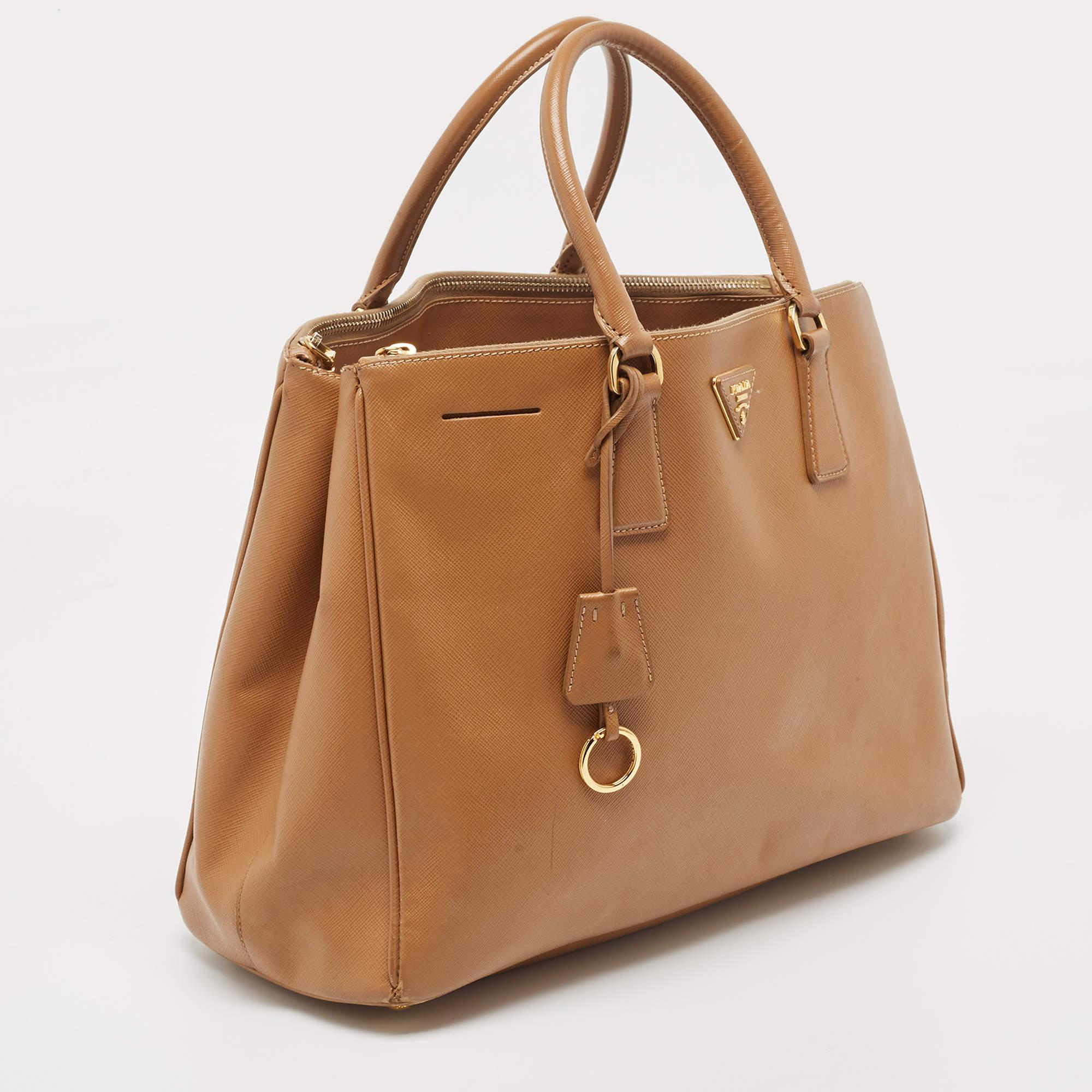 Women's Prada Brown Saffiano Leather Large Double Zip Tote For Sale
