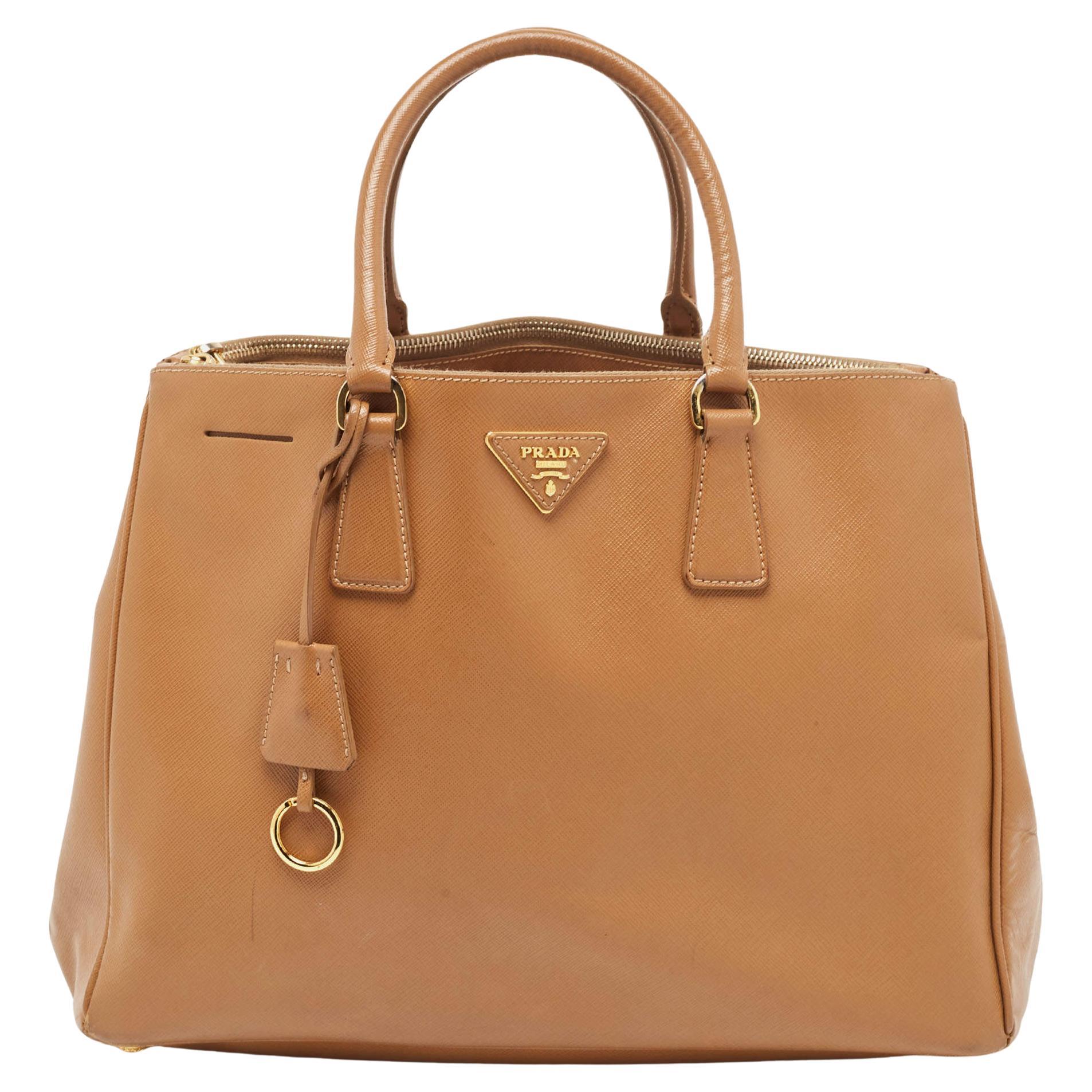 Prada Brown Saffiano Leather Large Double Zip Tote For Sale