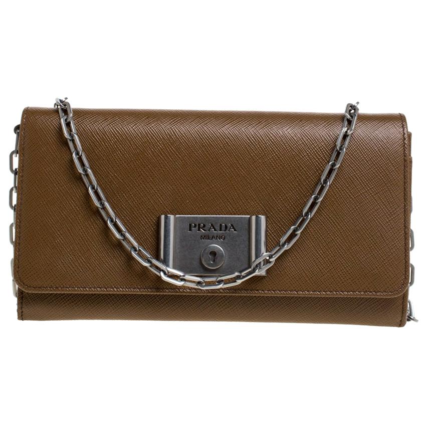 Prada Brown Saffiano Leather Lock Flap Wallet on Chain