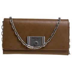 Prada Brown Saffiano Leather Lock Flap Wallet on Chain