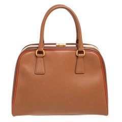 Prada Brown Saffiano Leather Pyramid Frame Satchel