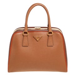 Prada Brown Saffiano Leather Pyramid Frame Satchel