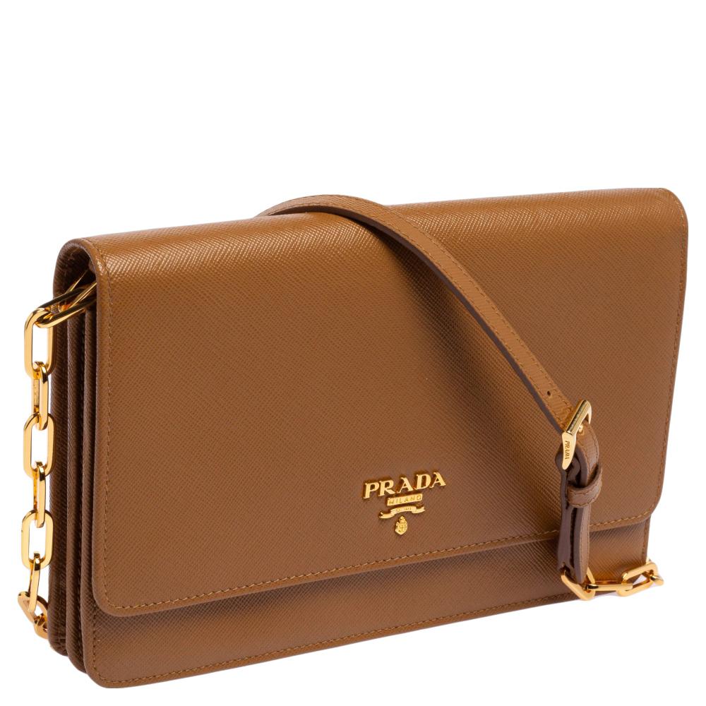 Prada Brown Saffiano Leather Wallet On Chain In Good Condition In Dubai, Al Qouz 2