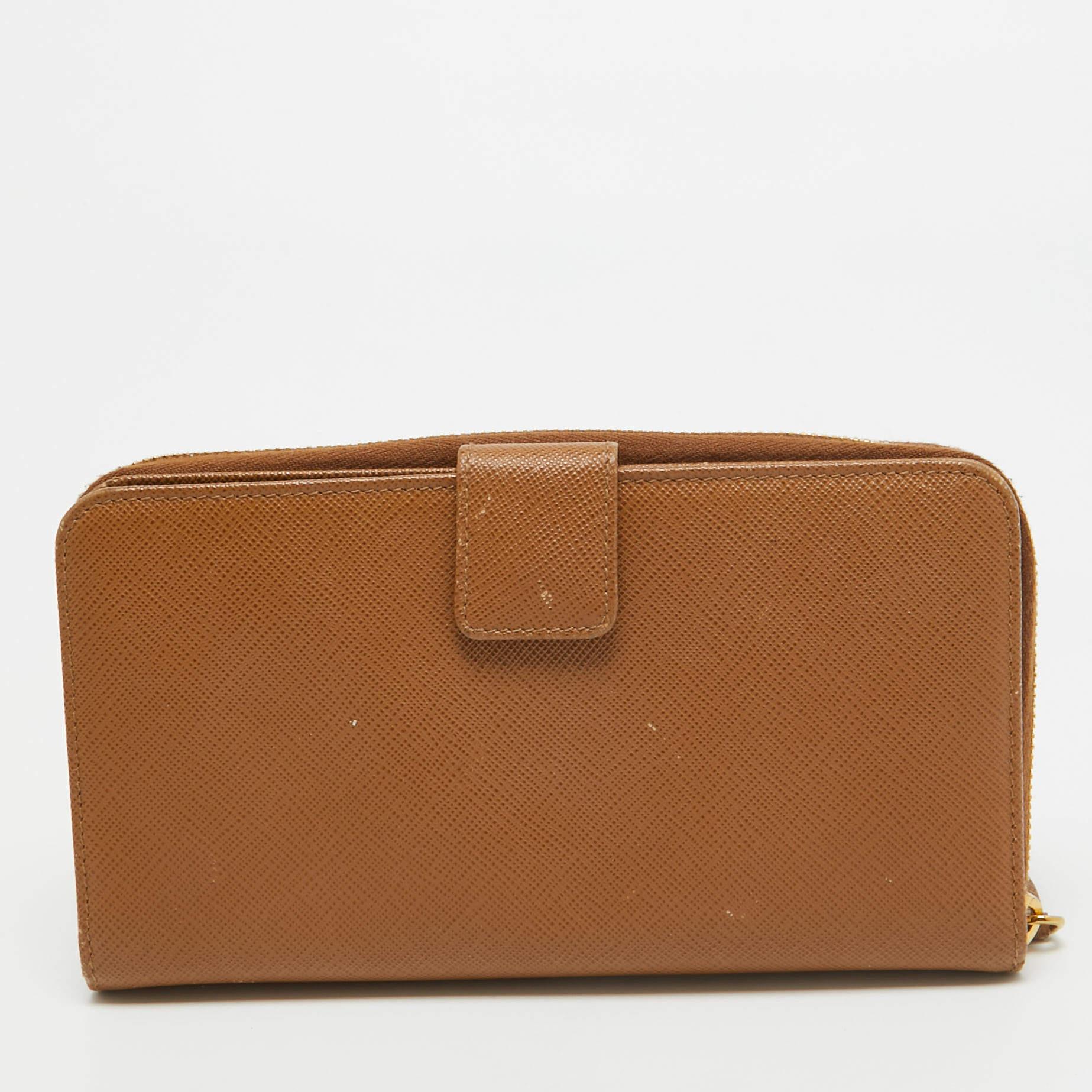 Prada Brown Saffiano Leather Zip Around Long Wallet 6